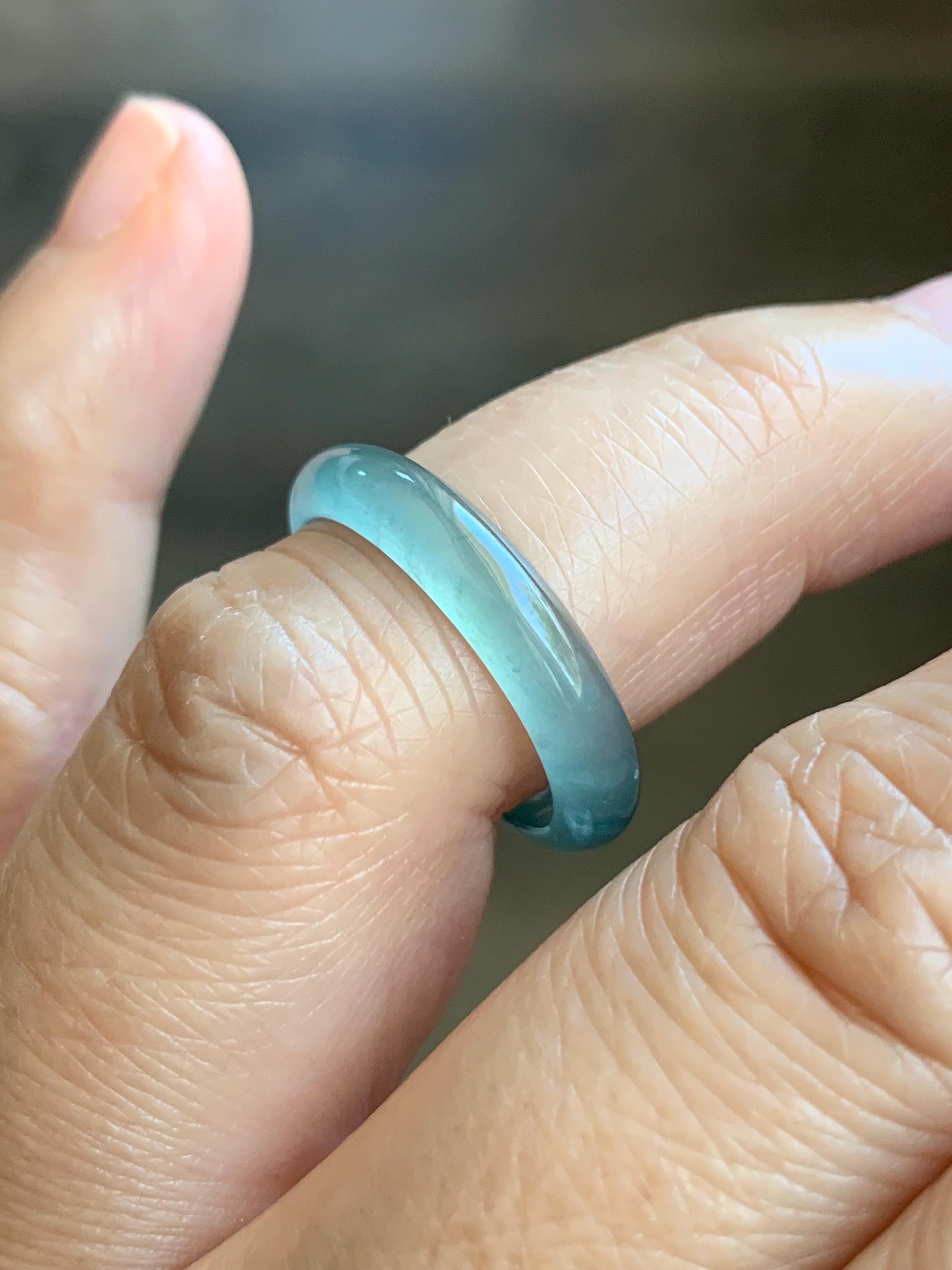 Natural Grade A Guatemalan Premium Icy Highly Translucent Pastel Teal Blue Jade Jadeite Band Ring Size 6.5 US 天然冰危蓝绿起冰起光翡翠戒圈 WLU44-2