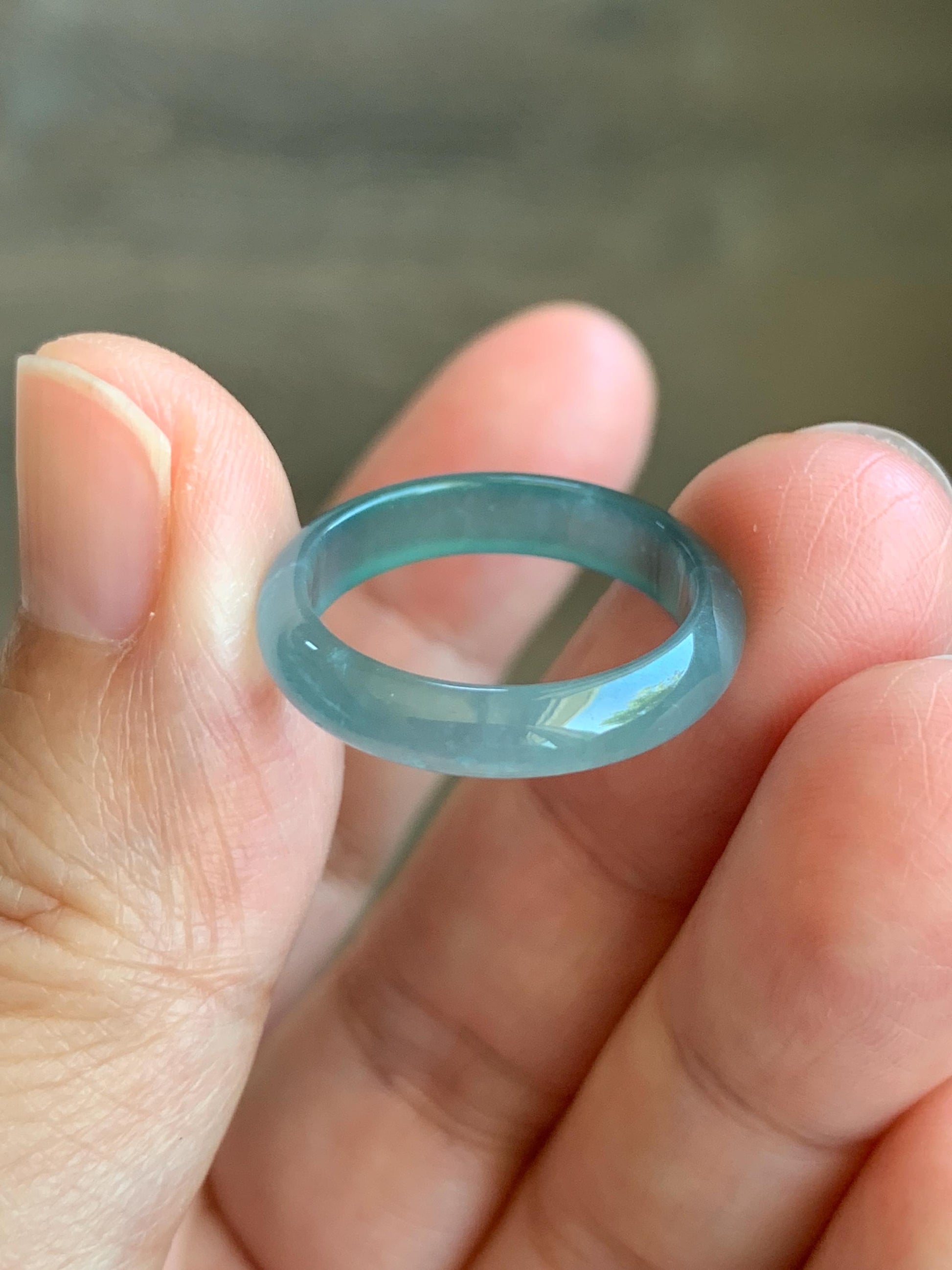 Natural Grade A Guatemalan Premium Icy Highly Translucent Pastel Teal Blue Jade Jadeite Band Ring Size 6.5 US 天然冰危蓝绿起冰起光翡翠戒圈 WLU44-2