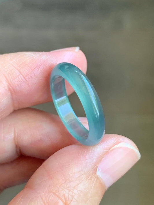 Natural Grade A Guatemalan Premium Icy Highly Translucent Pastel Teal Blue Jade Jadeite Band Ring Size 6.5 US 天然冰危蓝绿起冰起光翡翠戒圈 WLU44-2