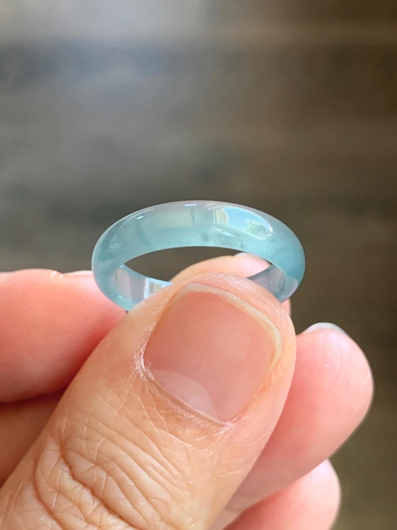 Natural Grade A Guatemalan Premium Icy Highly Translucent Pastel Teal Blue Jade Jadeite Band Ring Size 6.5 US 天然冰危蓝绿起冰起光翡翠戒圈 WLU44-1
