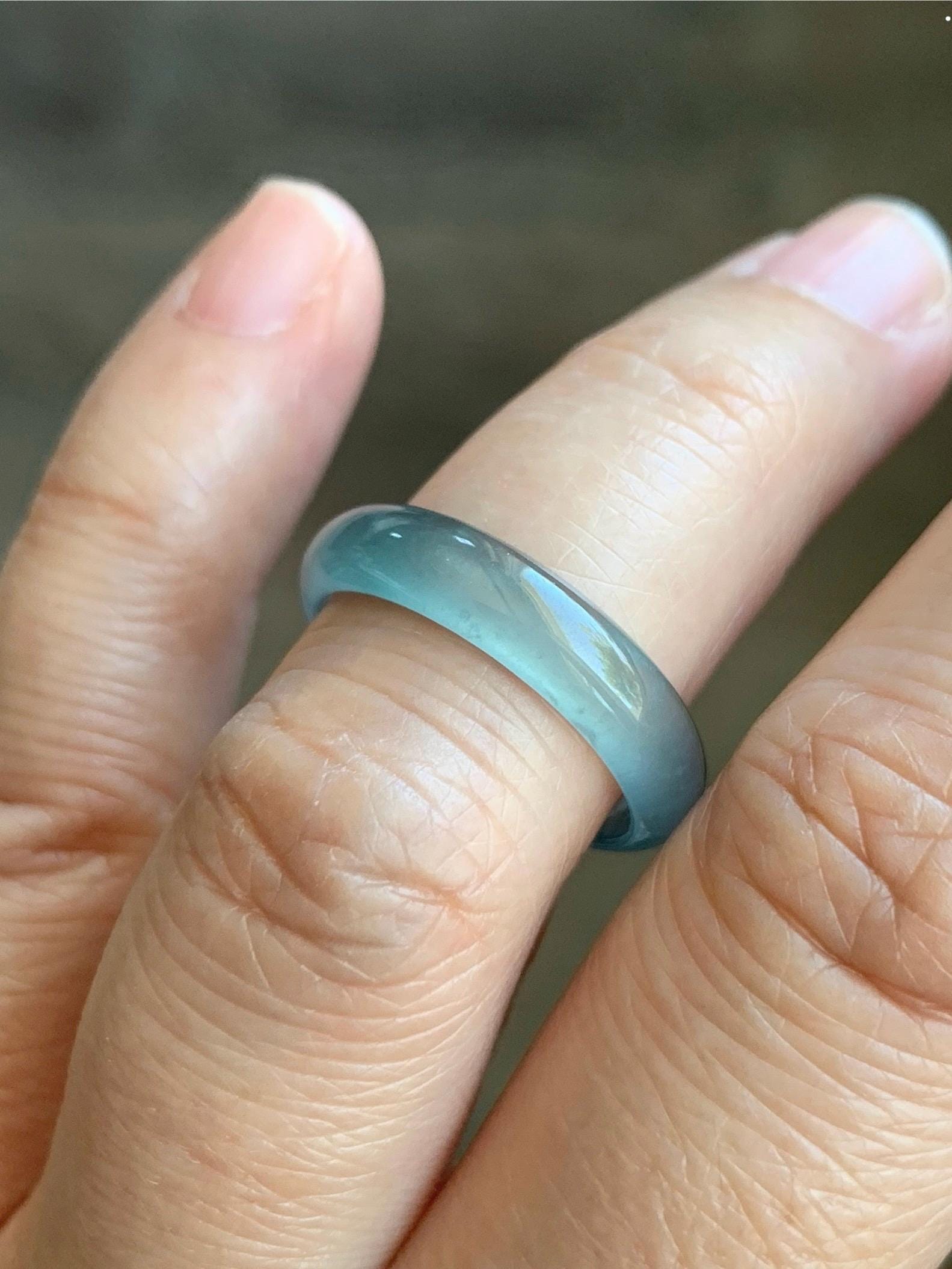 Natural Grade A Guatemalan Premium Icy Highly Translucent Pastel Teal Blue Jade Jadeite Band Ring Size 6.5 US 天然冰危蓝绿起冰起光翡翠戒圈 WLU44-1