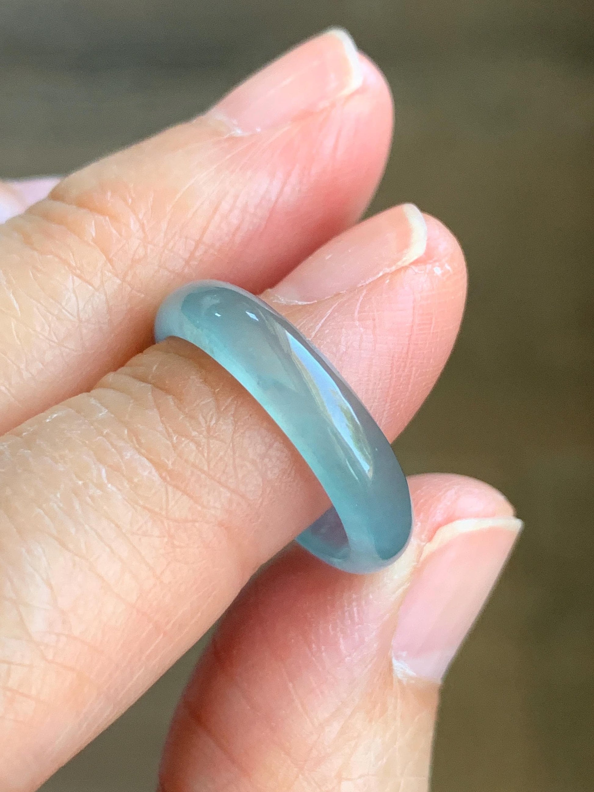 Natural Grade A Guatemalan Premium Icy Highly Translucent Pastel Teal Blue Jade Jadeite Band Ring Size 6.5 US 天然冰危蓝绿起冰起光翡翠戒圈 WLU44-1