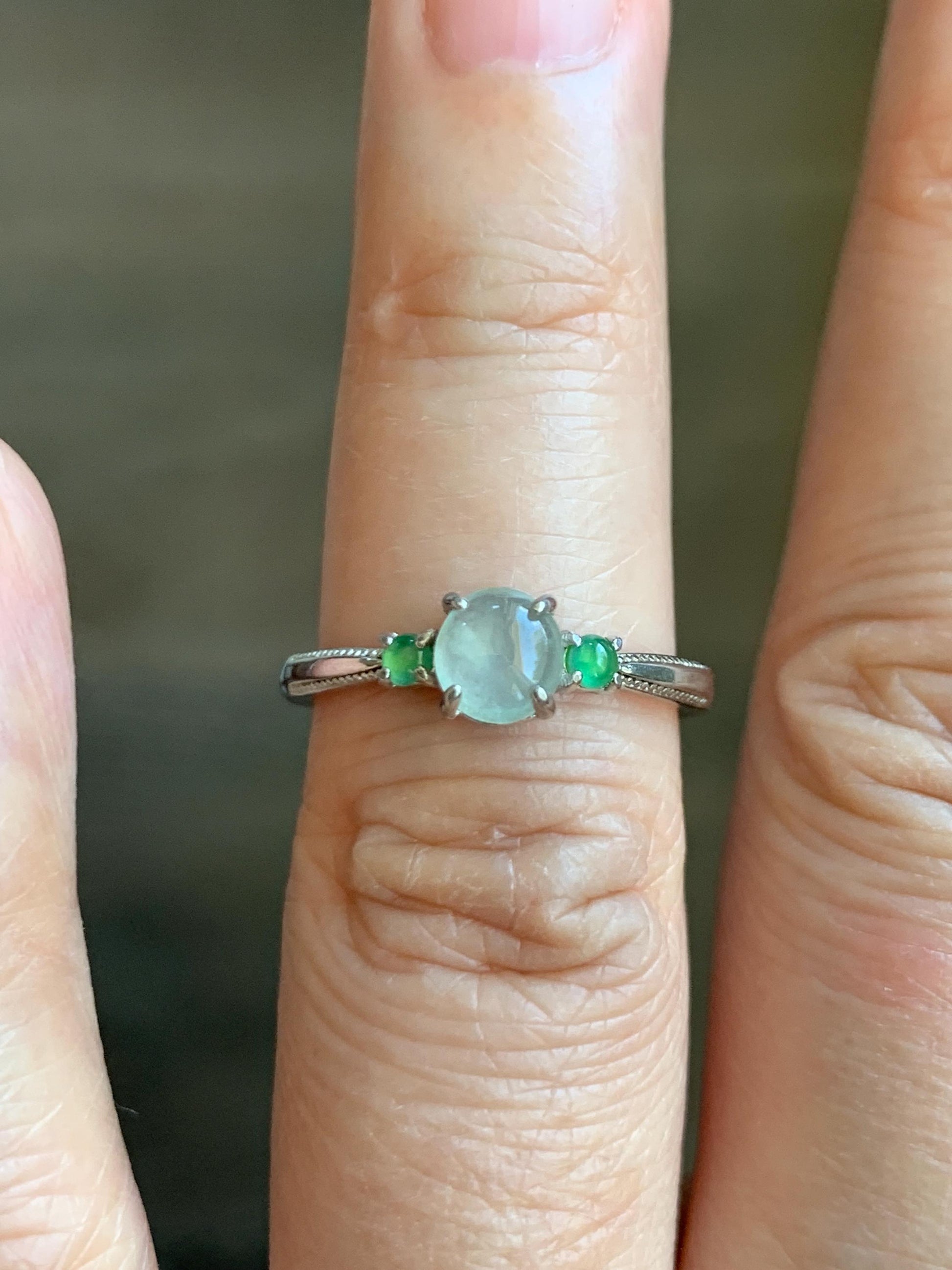 Natural Grade A Icy Highly Translucent Pastel Light Green Jade Jadeite Ring Sterling Silver Size 6 US Adjustable 天然起冰起光晴底翡翠银镶戒指 XMQ55C