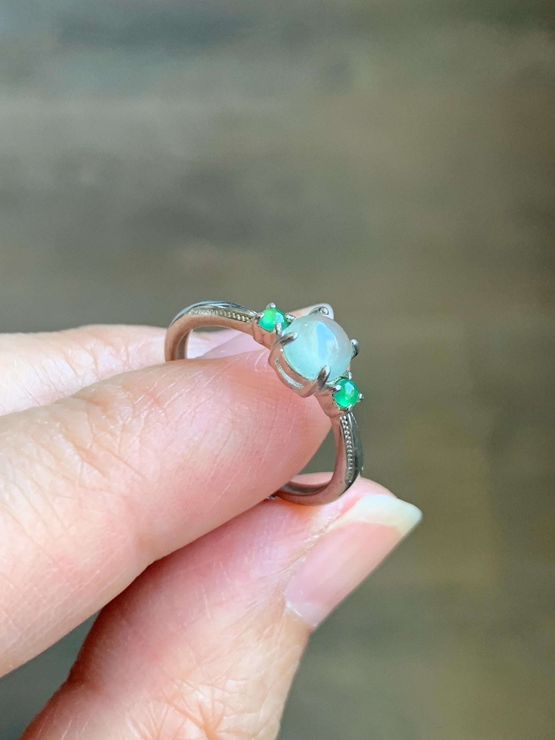 Natural Grade A Icy Highly Translucent Pastel Light Green Jade Jadeite Ring Sterling Silver Size 6 US Adjustable 天然起冰起光晴底翡翠银镶戒指 XMQ55C