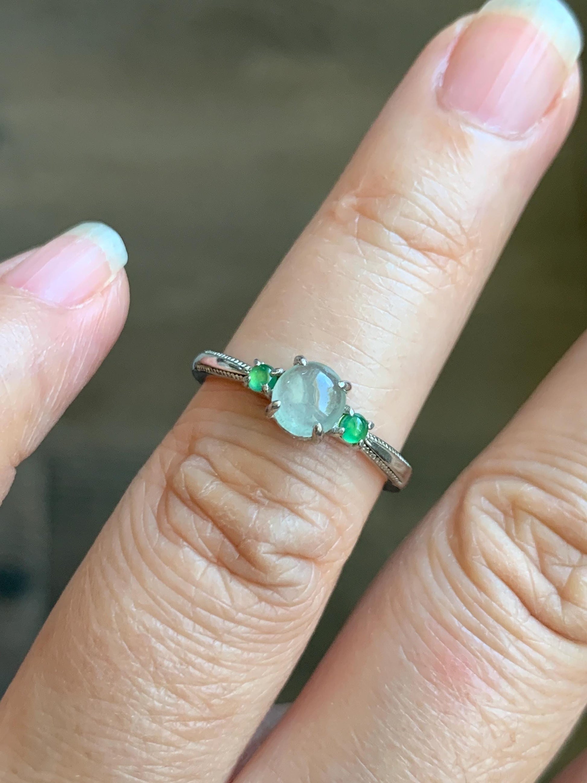 Natural Grade A Icy Highly Translucent Pastel Light Green Jade Jadeite Ring Sterling Silver Size 6 US Adjustable 天然起冰起光晴底翡翠银镶戒指 XMQ55C