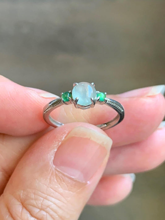 Natural Grade A Icy Highly Translucent Pastel Light Green Jade Jadeite Ring Sterling Silver Size 6 US Adjustable 天然起冰起光晴底翡翠银镶戒指 XMQ55C