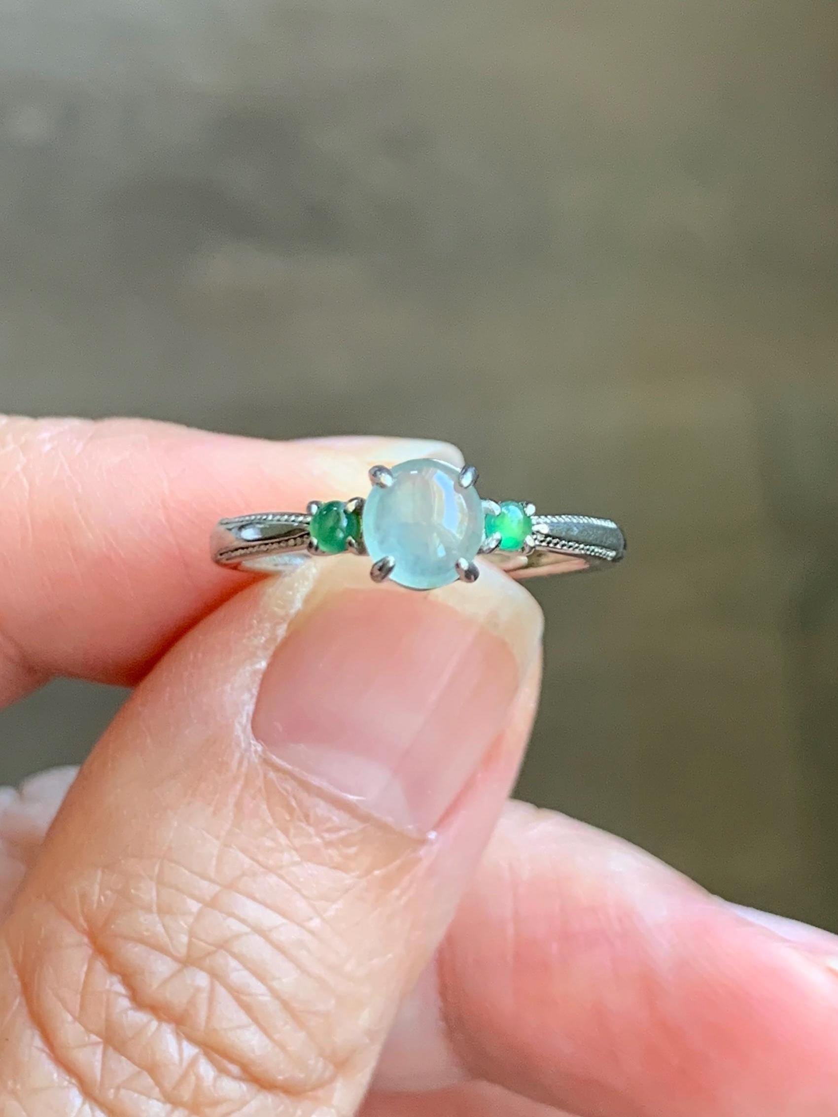 Natural Grade A Icy Highly Translucent Pastel Light Green Jade Jadeite Ring Sterling Silver Size 6 US Adjustable 天然起冰起光晴底翡翠银镶戒指 XMQ55C