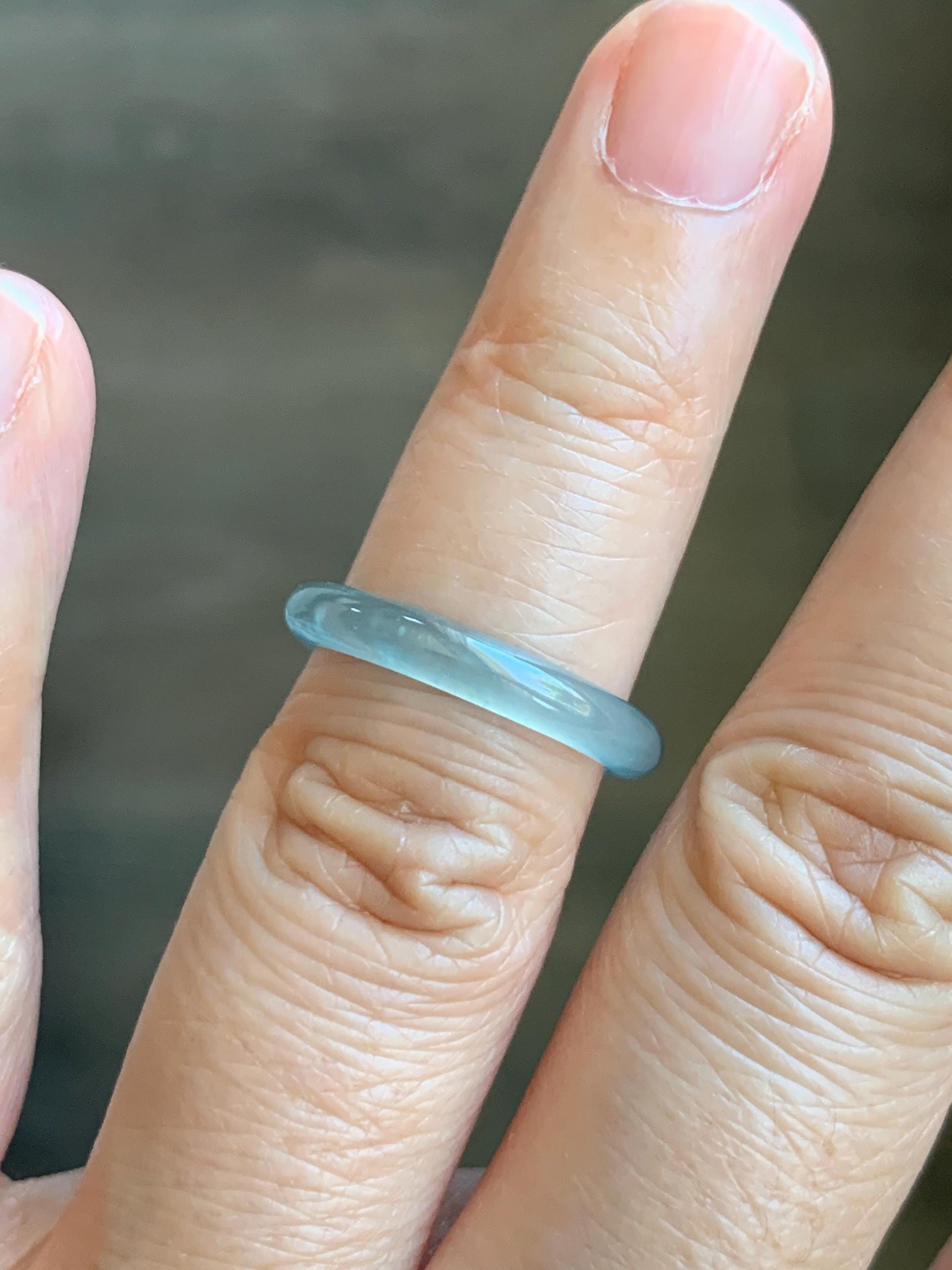Natural Grade A Guatemalan Premium Icy Highly Translucent Pastel Teal Blue Jade Jadeite Band Ring Size 6 US 天然冰危蓝绿起冰起光翡翠戒圈 XQL44C