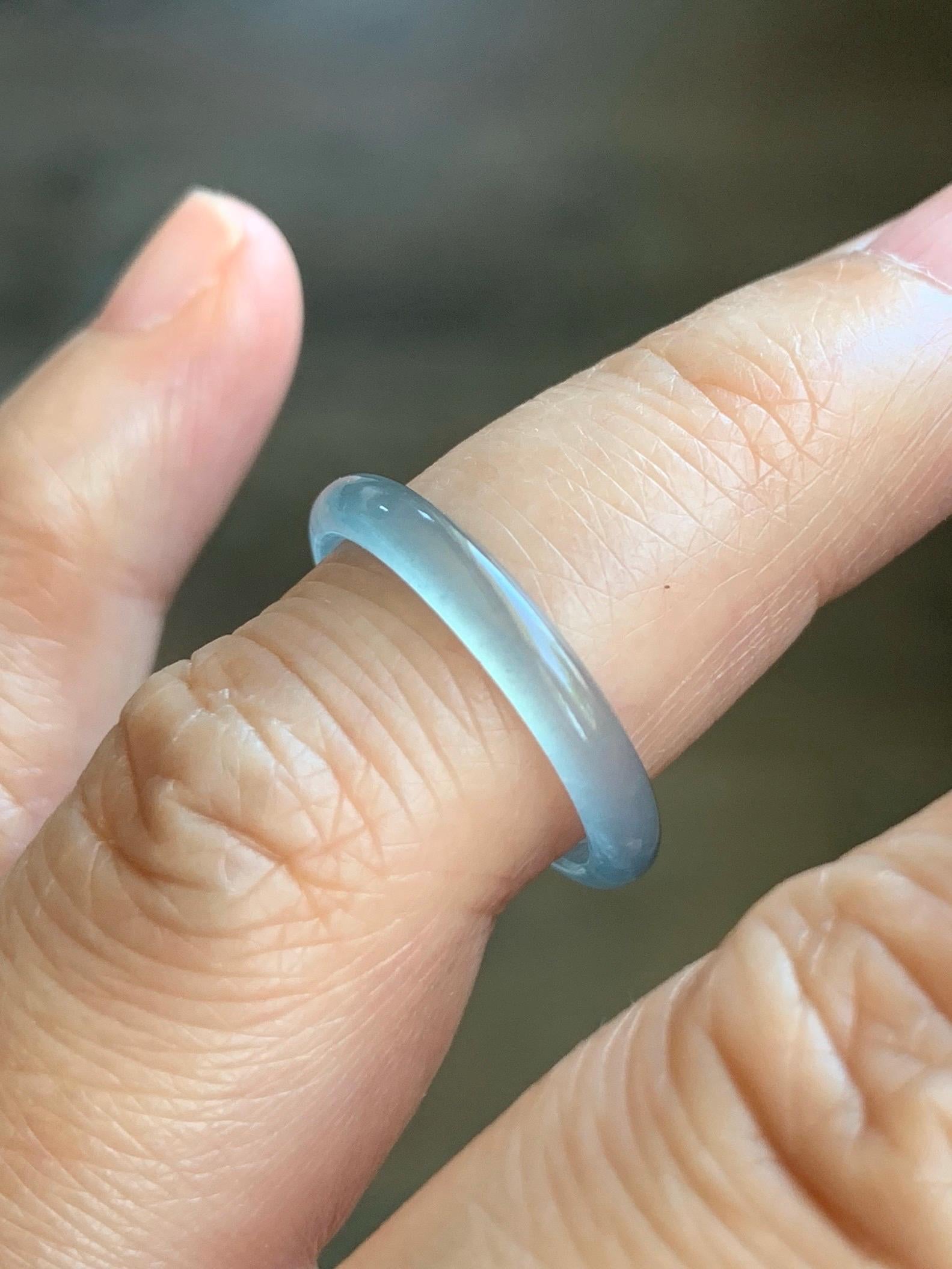 Natural Grade A Guatemalan Premium Icy Highly Translucent Pastel Teal Blue Jade Jadeite Band Ring Size 6.5 US 天然冰危蓝绿起冰起光翡翠戒圈 XQL44B