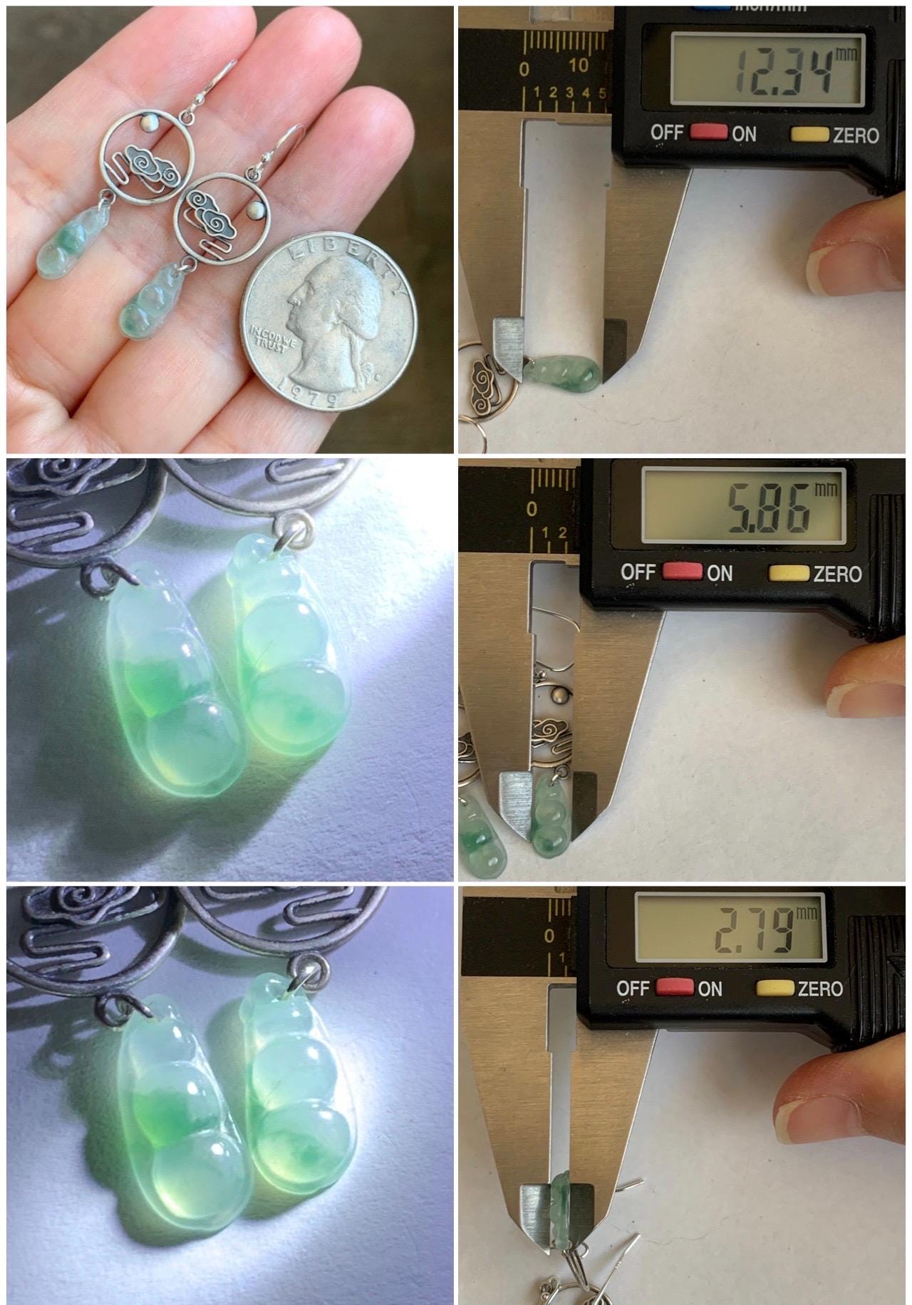 Natural Grade A Icy Highly Translucent Green Marbled Jadeite Carved Petite Peapod Dangle Earrings Sterling Silver 天然冰晴飘绿花翡翠福豆银耳钩 MPFD69