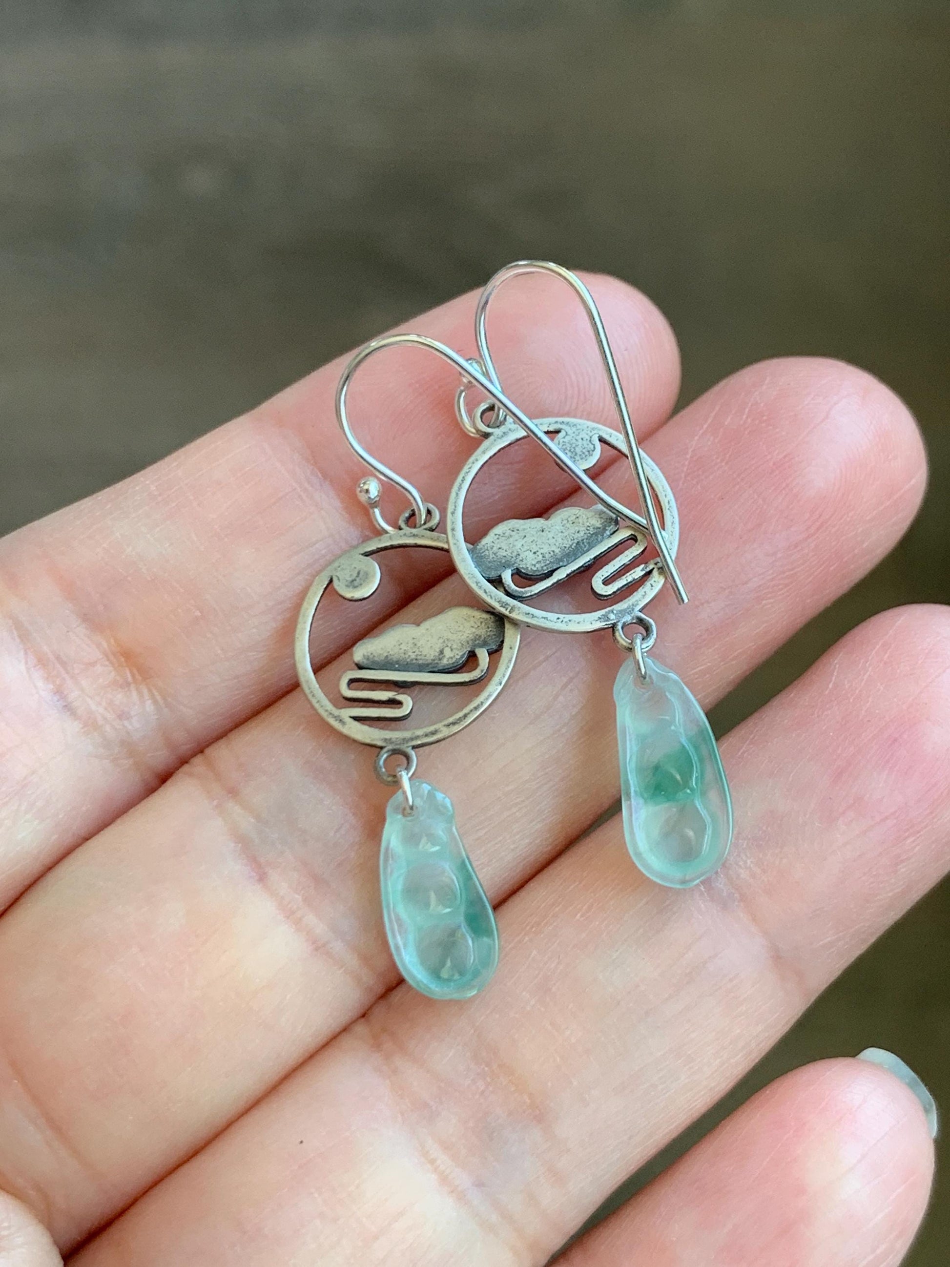 Natural Grade A Icy Highly Translucent Green Marbled Jadeite Carved Petite Peapod Dangle Earrings Sterling Silver 天然冰晴飘绿花翡翠福豆银耳钩 MPFD69