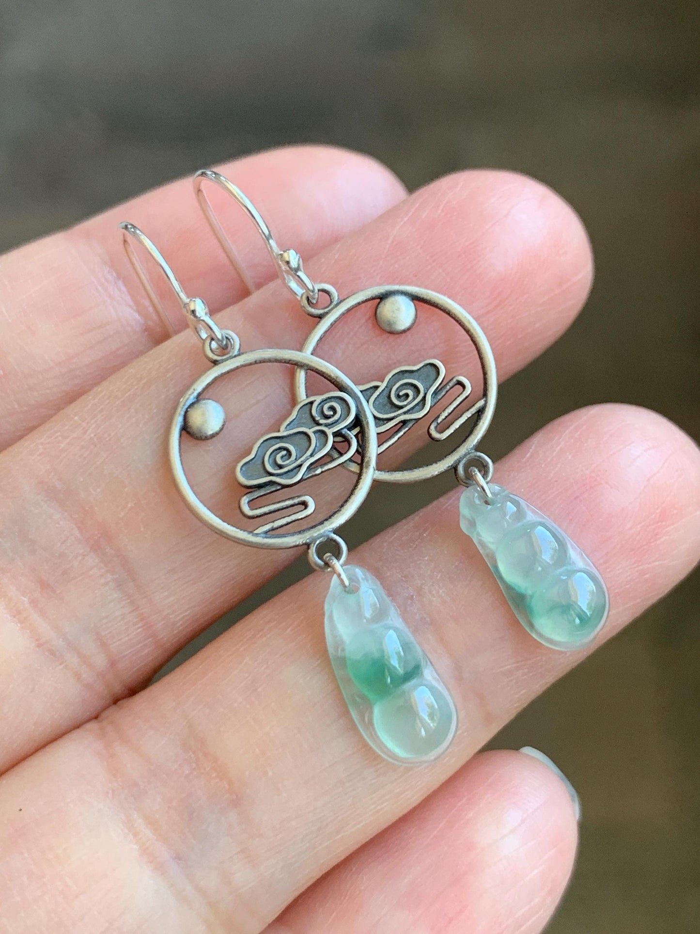 Natural Grade A Icy Highly Translucent Green Marbled Jadeite Carved Petite Peapod Dangle Earrings Sterling Silver 天然冰晴飘绿花翡翠福豆银耳钩 MPFD69