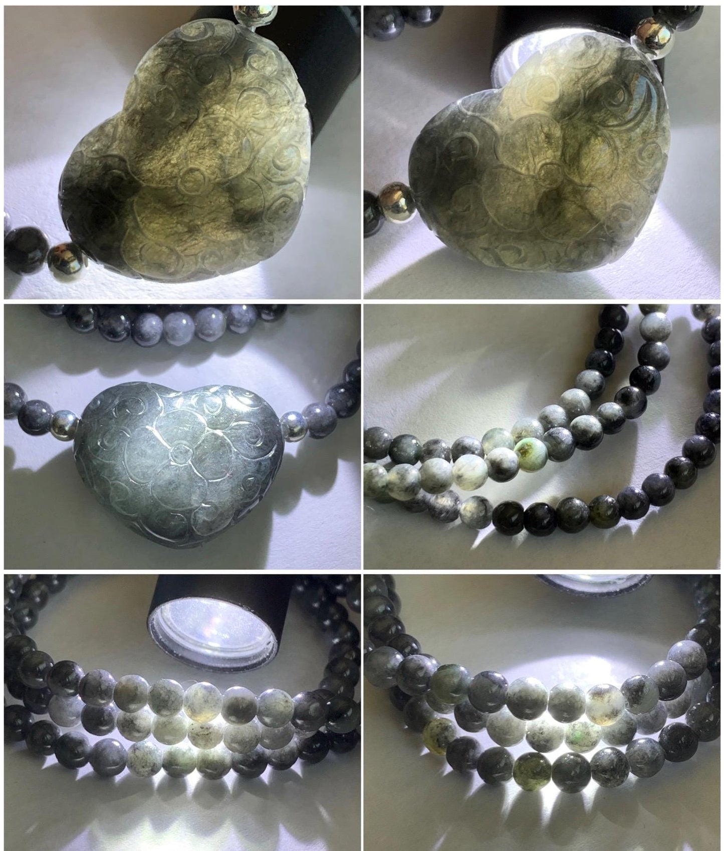 Natural Grade A Icy Translucent Wuji Jade Jadeite Engraved Heart Beaded Necklace Sterling Silver 4mm 18" 20g 天然冰胶乌鸡翡翠爱心珠项链 WJA18