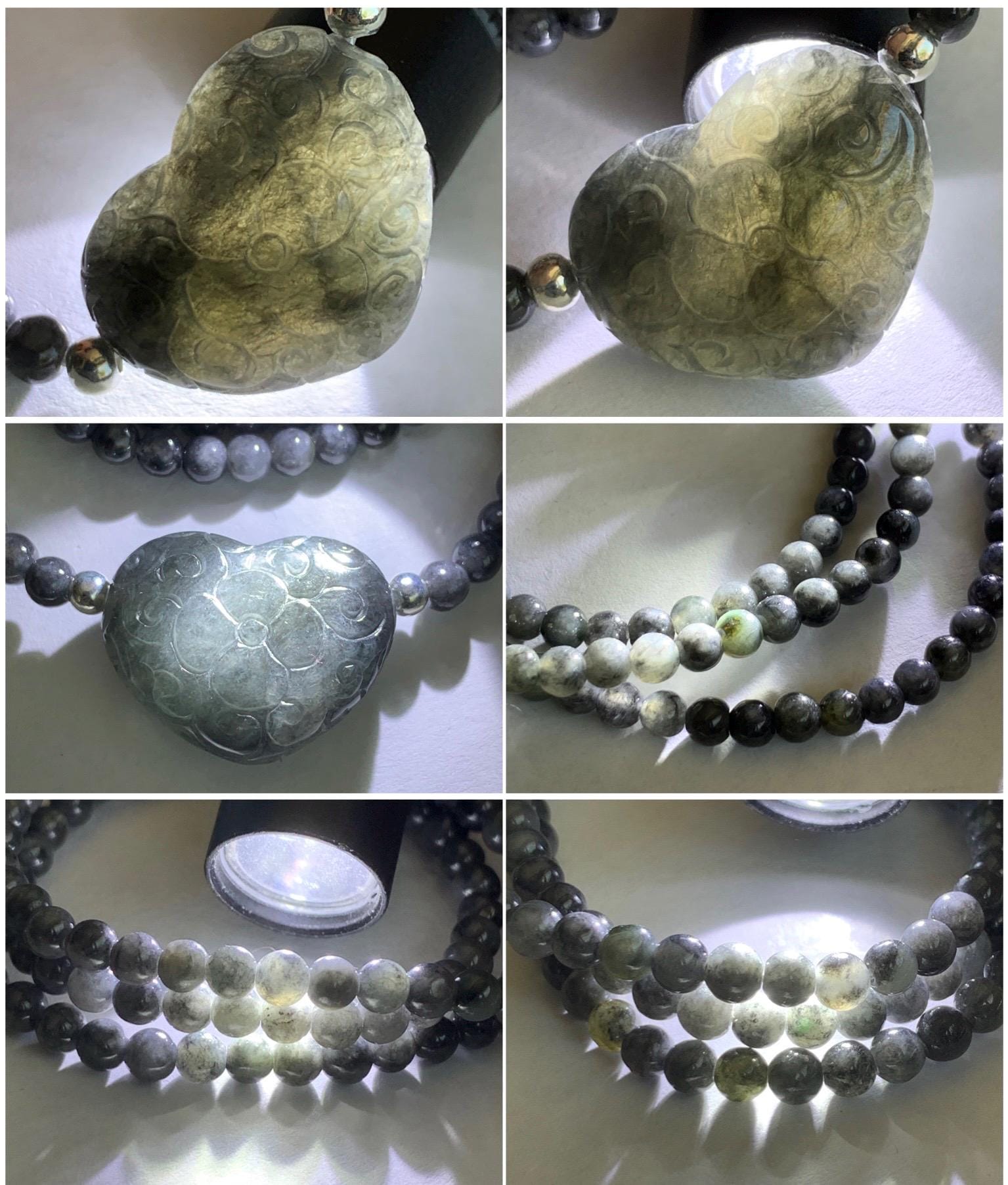 Natural Grade A Icy Translucent Wuji Jade Jadeite Engraved Heart Beaded Necklace Sterling Silver 4mm 18" 20g 天然冰胶乌鸡翡翠爱心珠项链 WJA18