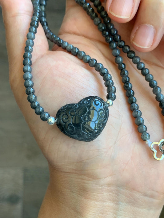 Natural Grade A Icy Translucent Wuji Jade Jadeite Engraved Heart Beaded Necklace Sterling Silver 4mm 18" 20g 天然冰胶乌鸡翡翠爱心珠项链 WJA18