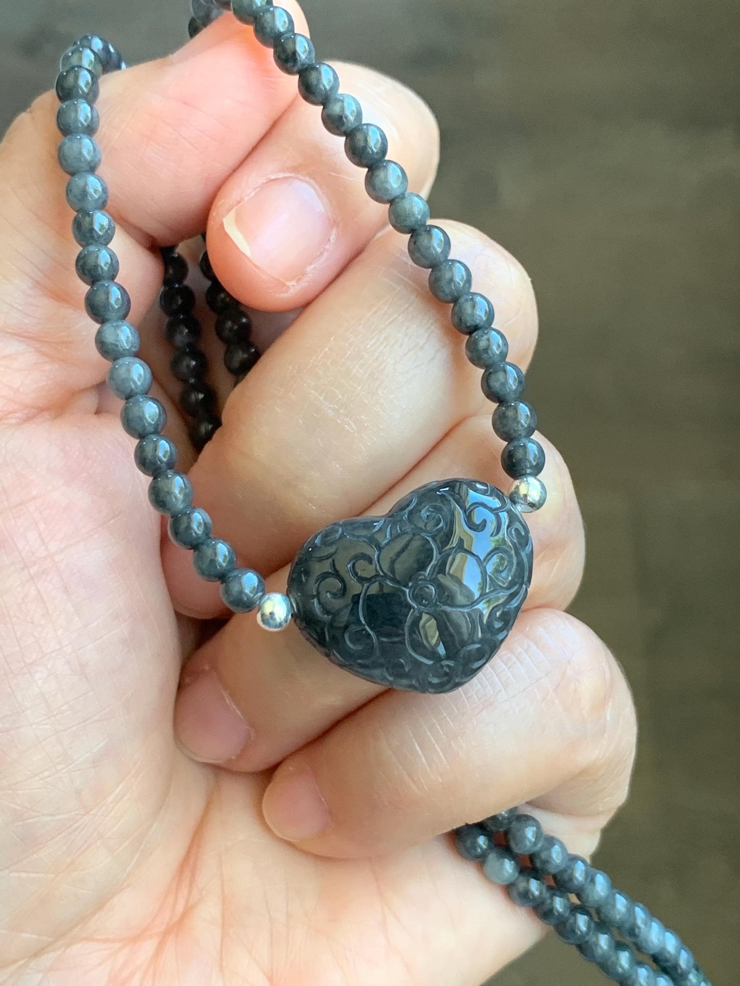 Natural Grade A Icy Translucent Wuji Jade Jadeite Engraved Heart Beaded Necklace Sterling Silver 4mm 18" 20g 天然冰胶乌鸡翡翠爱心珠项链 WJA18