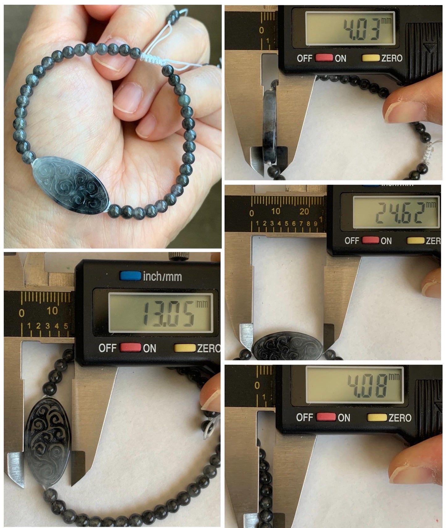 Natural Grade A Icy Highly Translucent Gelatinous Wuji Jade Jadeite Engraved Oval Coin Petite Beaded Bracelet 6.75 8g 天然冰胶乌鸡翡翠手牌圆珠手串 WJP165