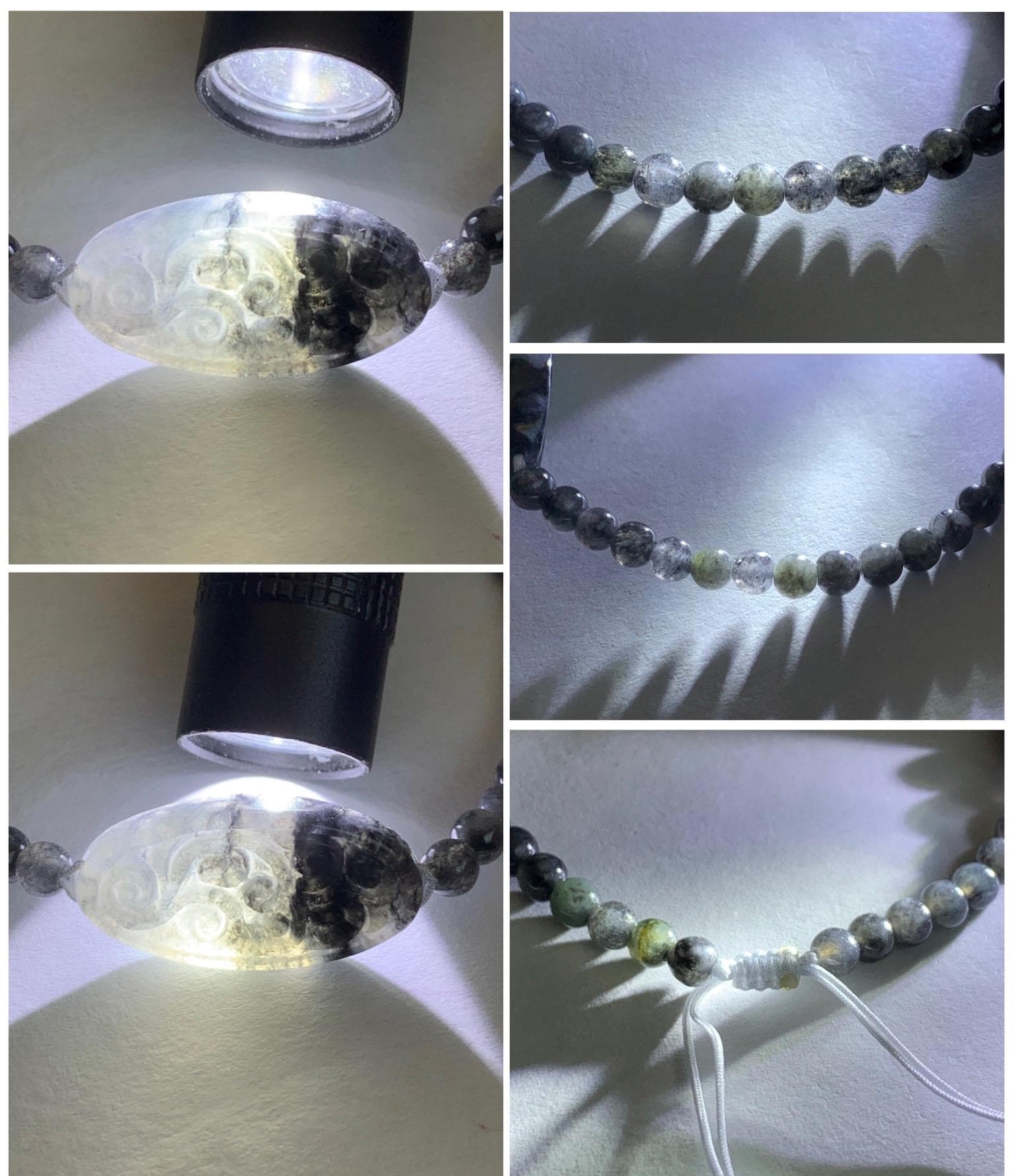 Natural Grade A Icy Highly Translucent Gelatinous Wuji Jade Jadeite Engraved Oval Coin Petite Beaded Bracelet 6.75 8g 天然冰胶乌鸡翡翠手牌圆珠手串 WJP165