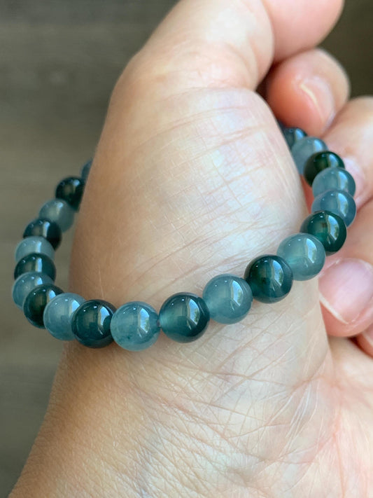 Natural Grade A Guatemalan Icy Highly Translucent Light Teal Blue Dark Teal Green Jadeite Beaded Bracelet 6.8mm 6.75” 14g 天然冰危蓝水多宝翡翠手串 LDB88