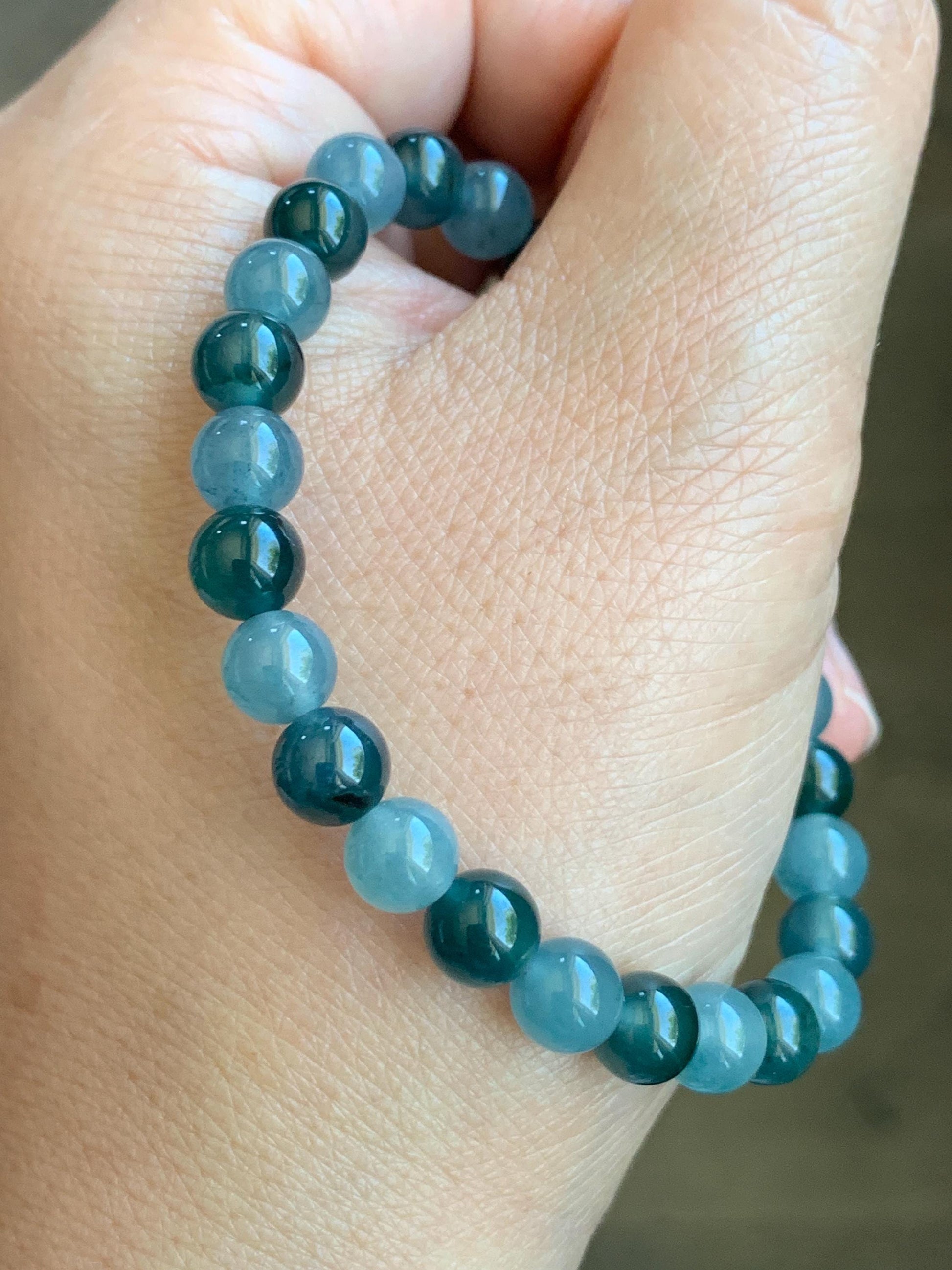 Natural Grade A Guatemalan Icy Highly Translucent Light Teal Blue Dark Teal Green Jadeite Beaded Bracelet 6.8mm 6.75” 14g 天然冰危蓝水多宝翡翠手串 LDB88