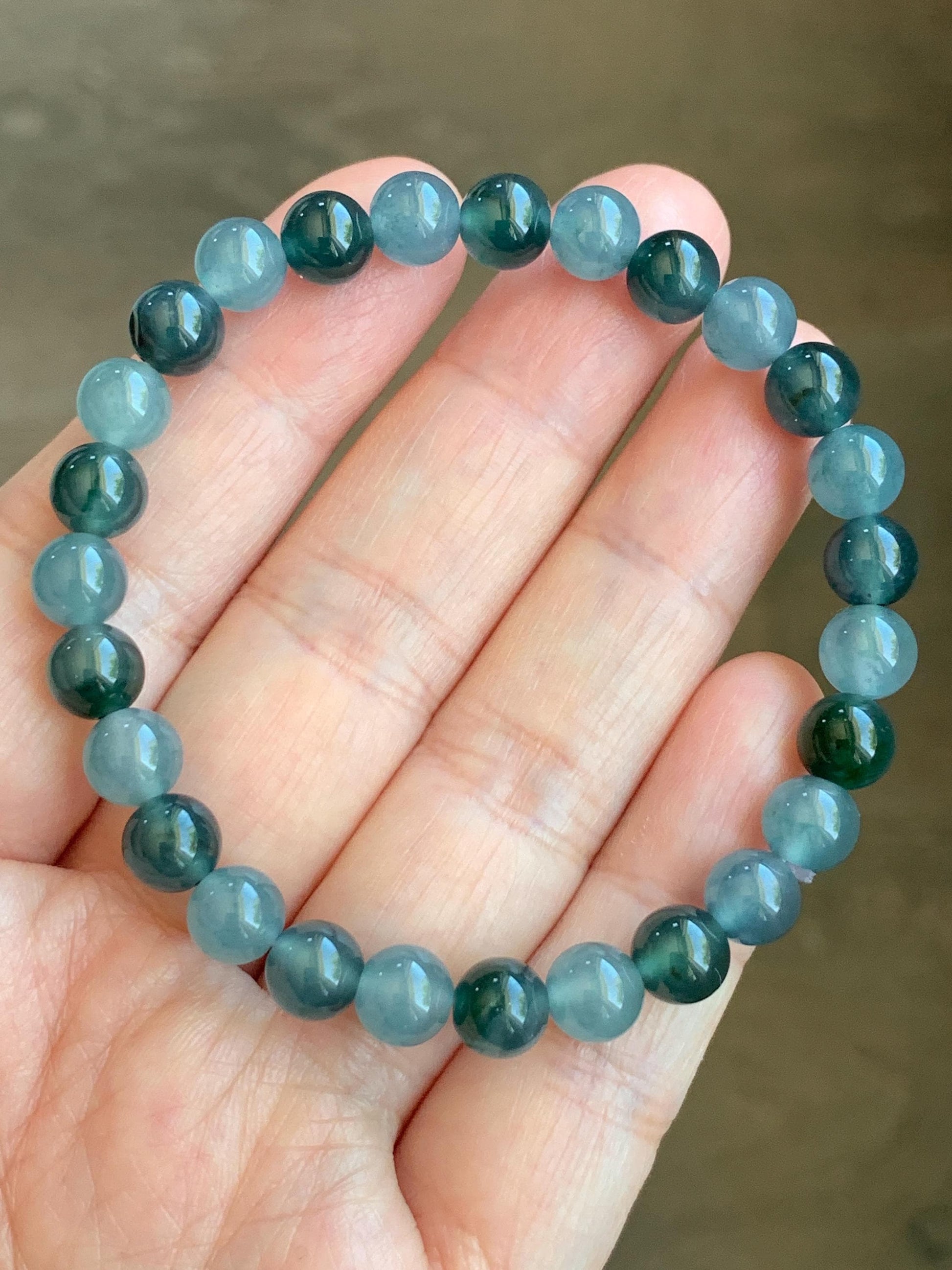 Natural Grade A Guatemalan Icy Highly Translucent Light Teal Blue Dark Teal Green Jadeite Beaded Bracelet 6.8mm 6.75” 14g 天然冰危蓝水多宝翡翠手串 LDB88