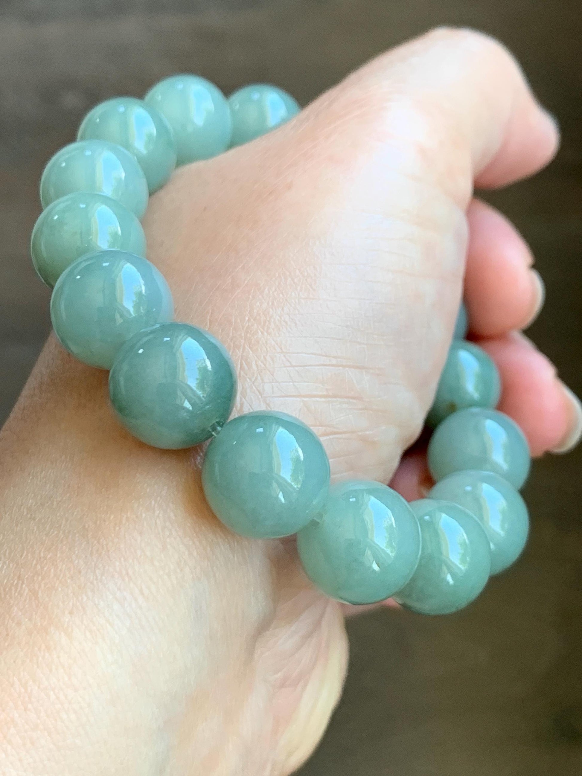 Natural Grade A Icy Translucent Pastel Dusty Green Jade Jadeite Large Beads Beaded Bracelet Stretchy 7.5” 58g 天然冰细糯油青翡翠大卡手串 MYQ650C