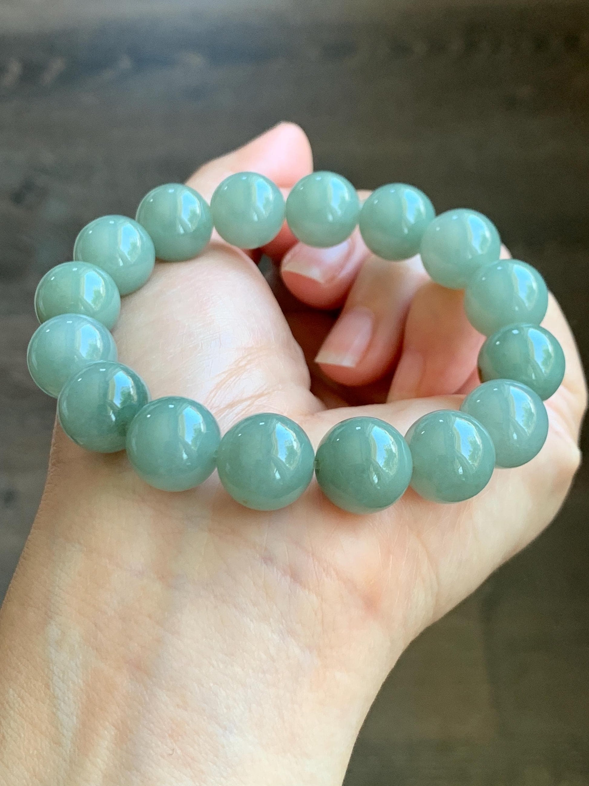 Natural Grade A Icy Translucent Pastel Dusty Green Jade Jadeite Large Beads Beaded Bracelet Stretchy 7.5” 58g 天然冰细糯油青翡翠大卡手串 MYQ650C