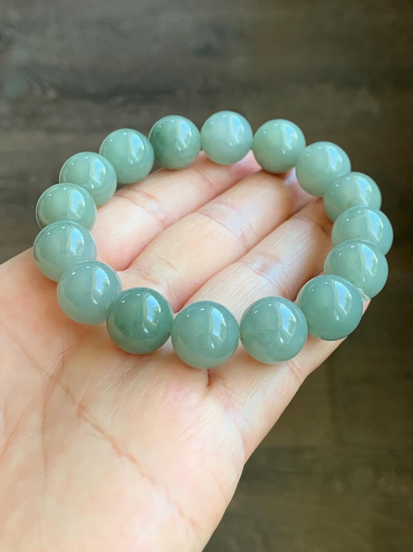 Natural Grade A Icy Translucent Pastel Dusty Green Jade Jadeite Large Beads Beaded Bracelet Stretchy 7.5” 58g 天然冰细糯油青翡翠大卡手串 MYQ650C