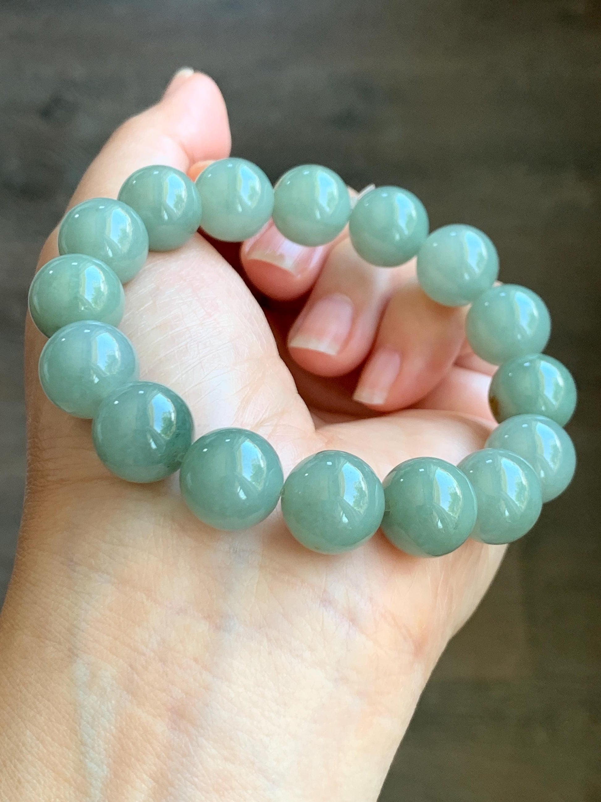 Natural Grade A Icy Translucent Pastel Dusty Green Jade Jadeite Large Beads Beaded Bracelet Stretchy 7.5” 58g 天然冰细糯油青翡翠大卡手串 MYQ650C