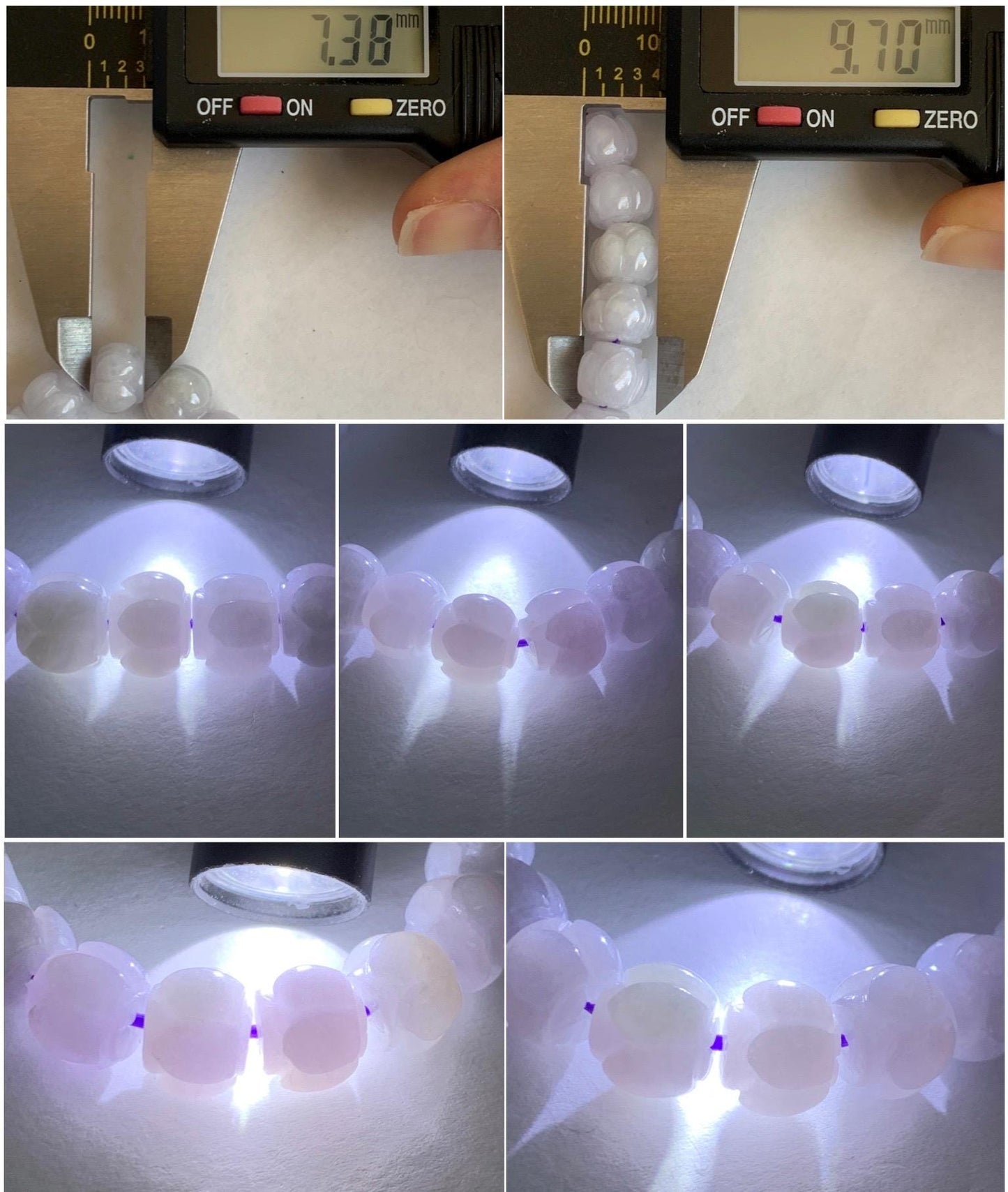 Natural Grade A Icy Translucent White Jadeite w/ Pastel Purple Undertone Lotus Flower beads Beaded Bracelet 6.75” 天然糯冰淡紫底翡翠莲花珠手串 DZLH370B