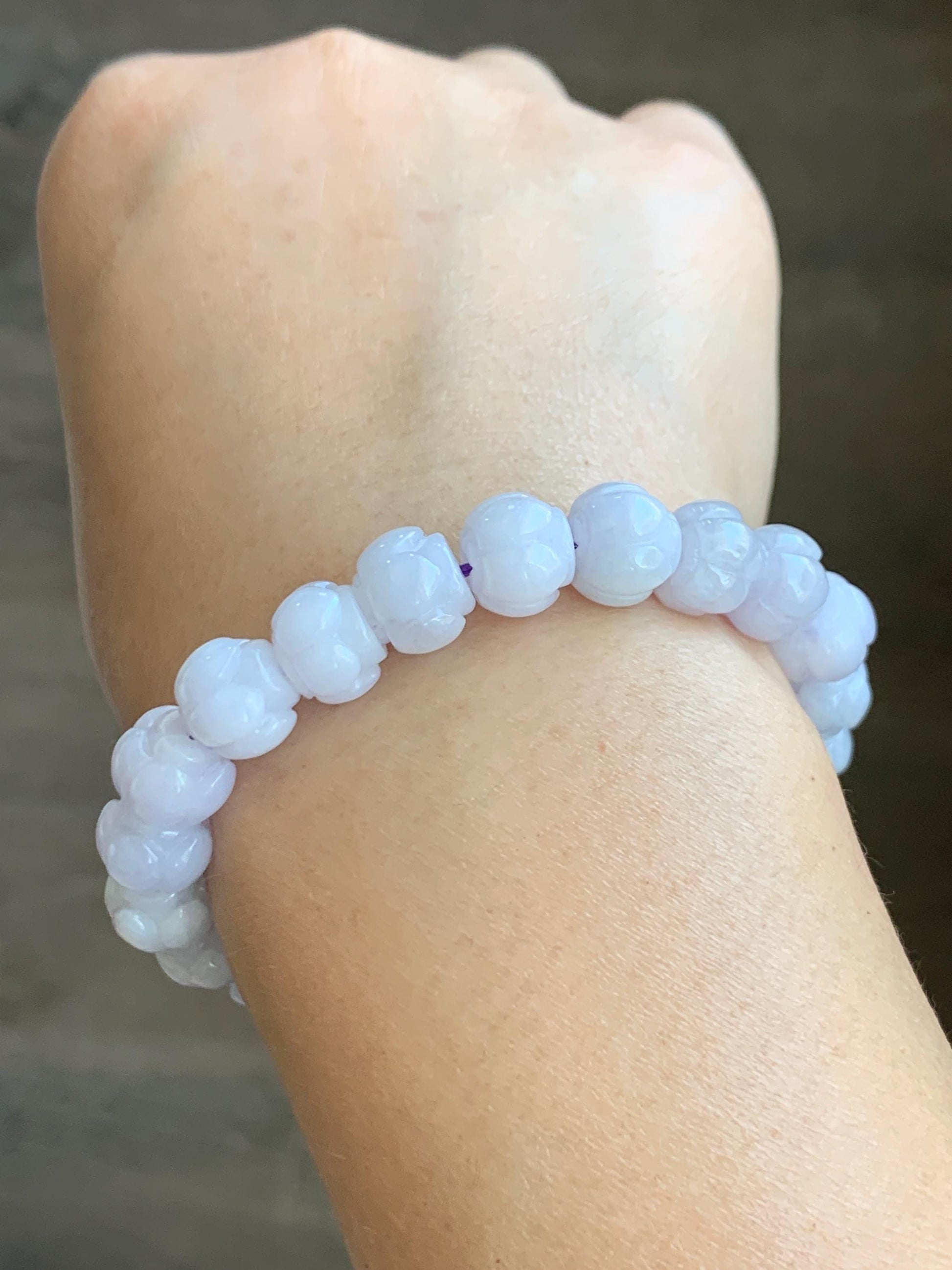 Natural Grade A Icy Translucent White Jadeite w/ Pastel Purple Undertone Lotus Flower beads Beaded Bracelet 6.75” 天然糯冰淡紫底翡翠莲花珠手串 DZLH370B