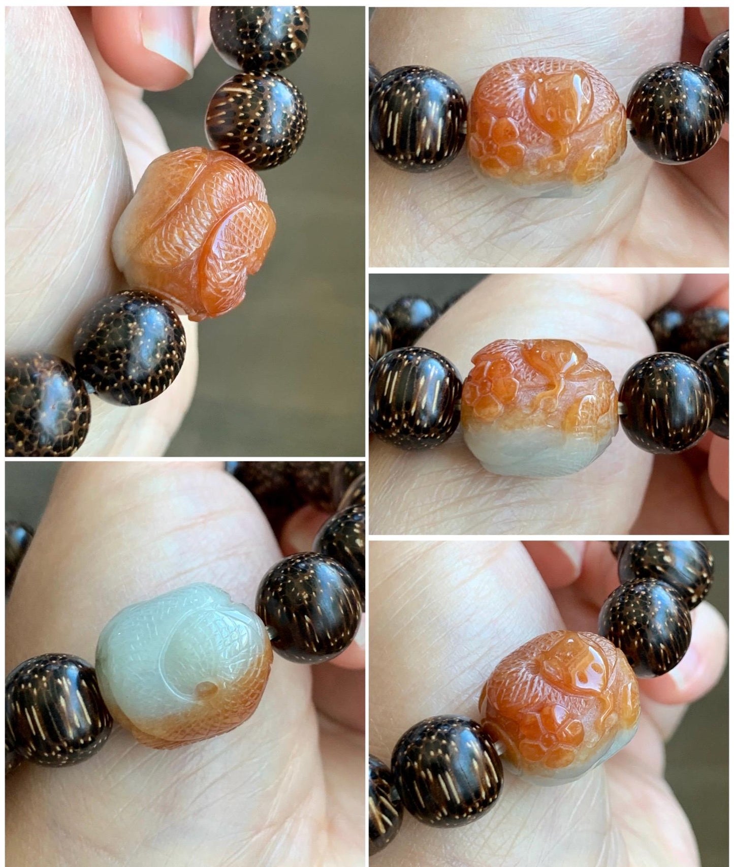 Grade A Icy Translucent Heated Red Marbled Jadeite Carved Snake Cherry Blossom Barrel Bead Beaded Bracelet 8.25" A货烧红飘花翡翠蛇梅花桶珠木珠手串 HSS119