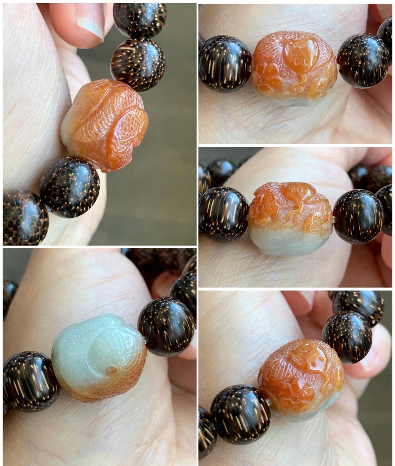 Grade A Icy Translucent Heated Red Marbled Jadeite Carved Snake Cherry Blossom Barrel Bead Beaded Bracelet 8.25" A货烧红飘花翡翠蛇梅花桶珠木珠手串 HSS119