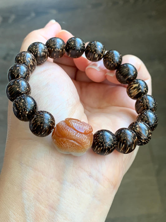 Grade A Icy Translucent Heated Red Marbled Jadeite Carved Snake Cherry Blossom Barrel Bead Beaded Bracelet 8.25" A货烧红飘花翡翠蛇梅花桶珠木珠手串 HSS119