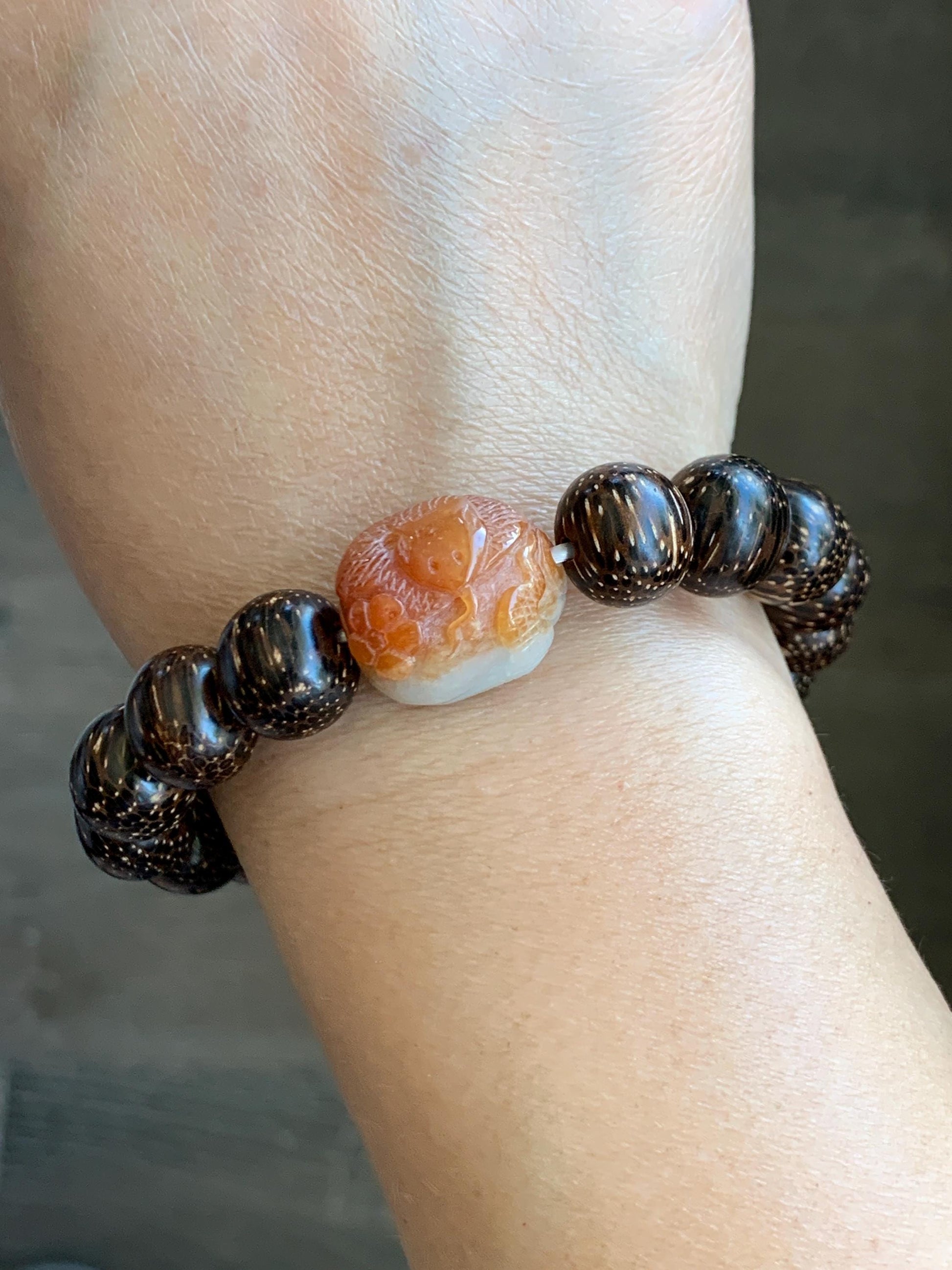 Grade A Icy Translucent Heated Red Marbled Jadeite Carved Snake Cherry Blossom Barrel Bead Beaded Bracelet 8.25" A货烧红飘花翡翠蛇梅花桶珠木珠手串 HSS119