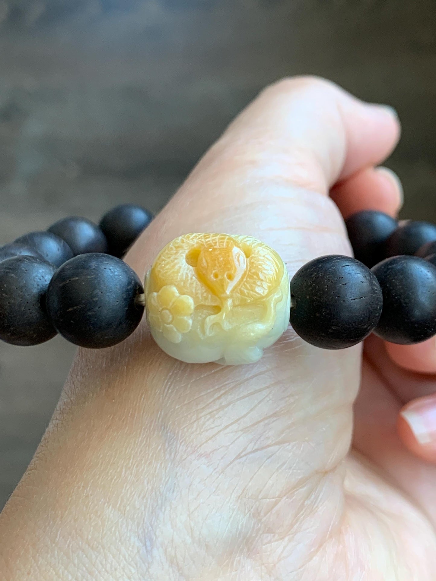 Natural Grade A Icy Translucent Yellow Marbled Jadeite Carved Snake Cherry Blossom Barrel Bead Beaded Bracelet 8" 天然黄飘花翡翠蛇梅花桶珠木珠手串 HUS129