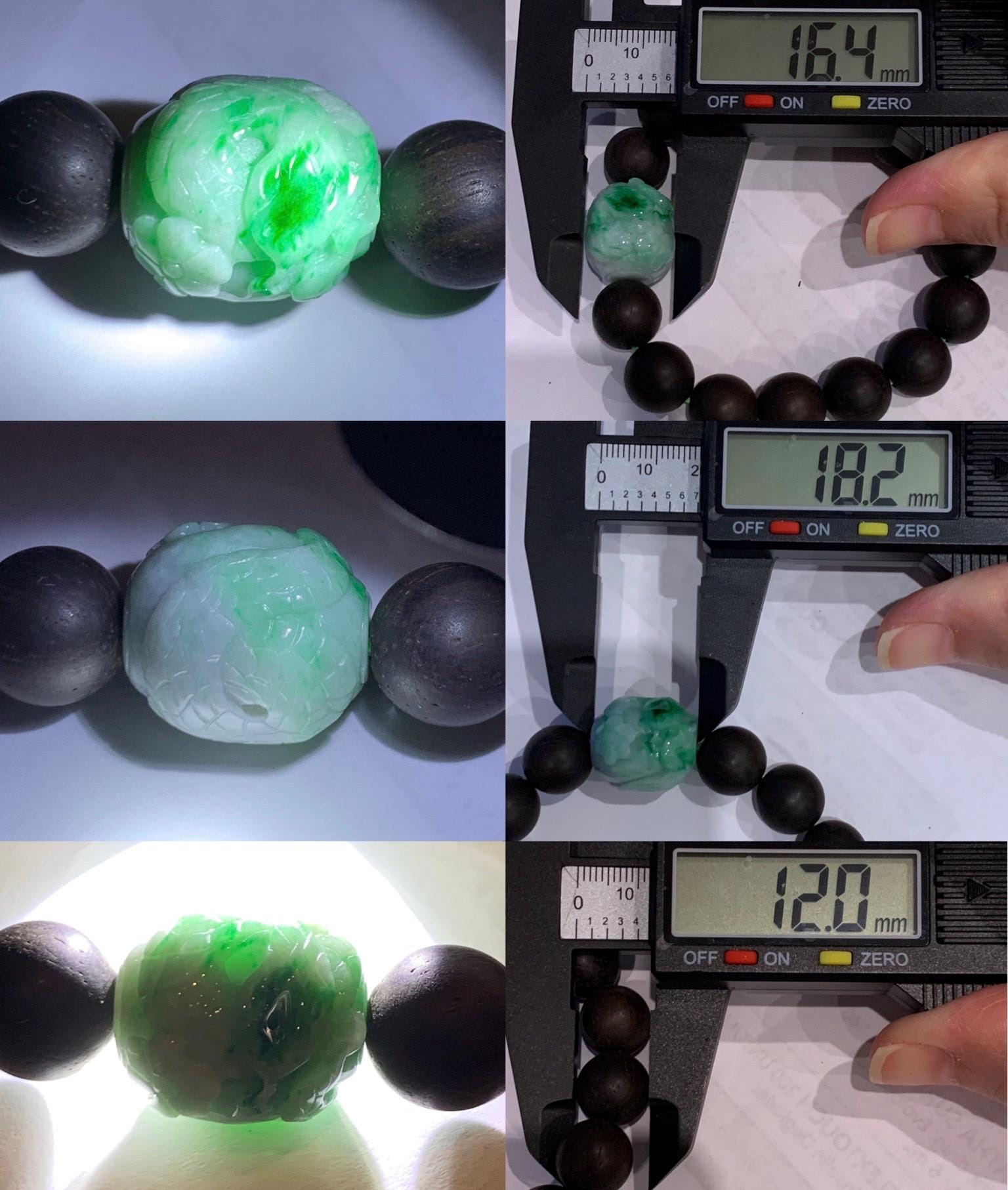 Natural Grade A Icy Green Wuji Marbled Jadeite Carved Snake Cherry Blossom Barrel Bead Beaded Bracelet 7.5" 29g 天然啦绿乌鸡翡翠蛇梅花桶珠木珠手串 LWS129
