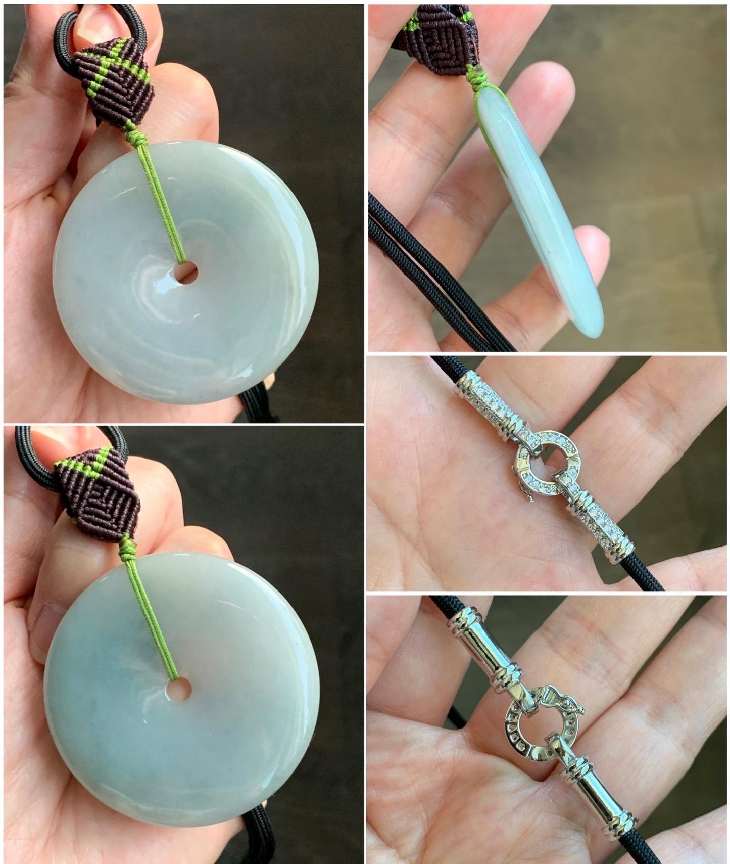 Large Natural Grade A Icy Translucent Pastel Dusty Green Jade Jadeite Ping An Kou Donut Pendant Rope Necklace 25" 49g 天然冰淡晴绿翡翠平安扣吊坠 MDL143