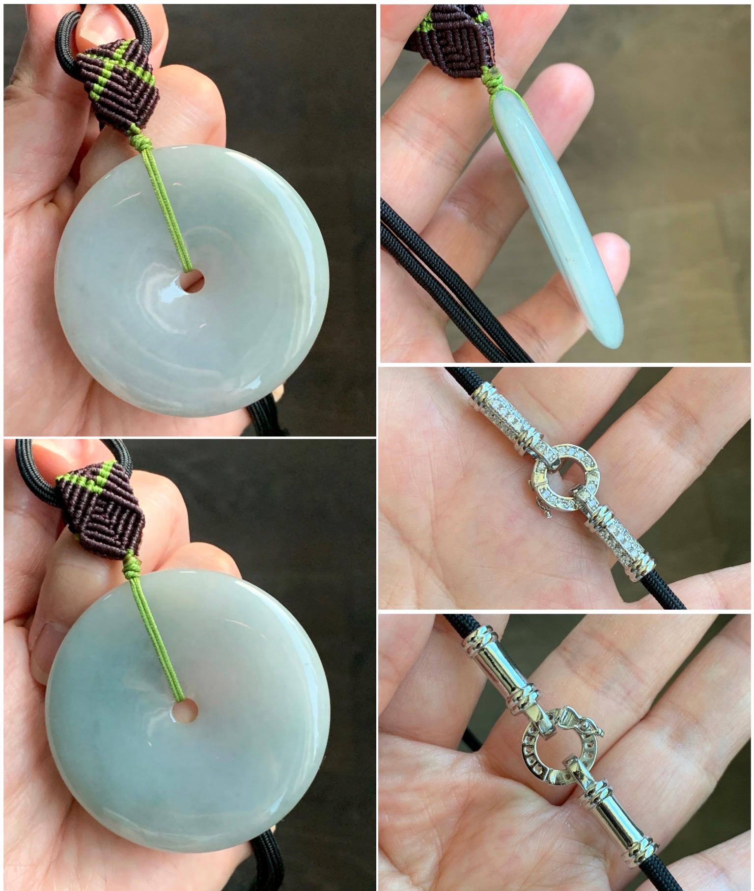 Large Natural Grade A Icy Translucent Pastel Dusty Green Jade Jadeite Ping An Kou Donut Pendant Rope Necklace 25" 49g 天然冰淡晴绿翡翠平安扣吊坠 MDL143