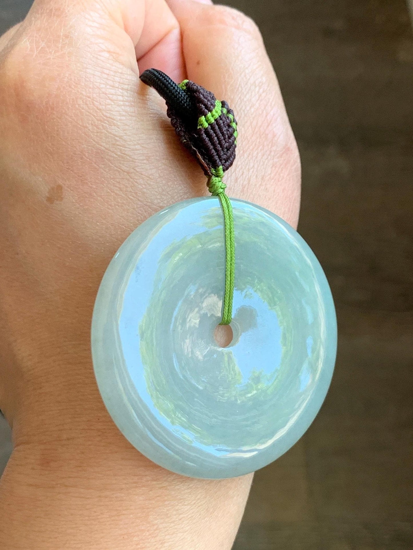 Large Natural Grade A Icy Translucent Pastel Dusty Green Jade Jadeite Ping An Kou Donut Pendant Rope Necklace 25" 49g 天然冰淡晴绿翡翠平安扣吊坠 MDL143