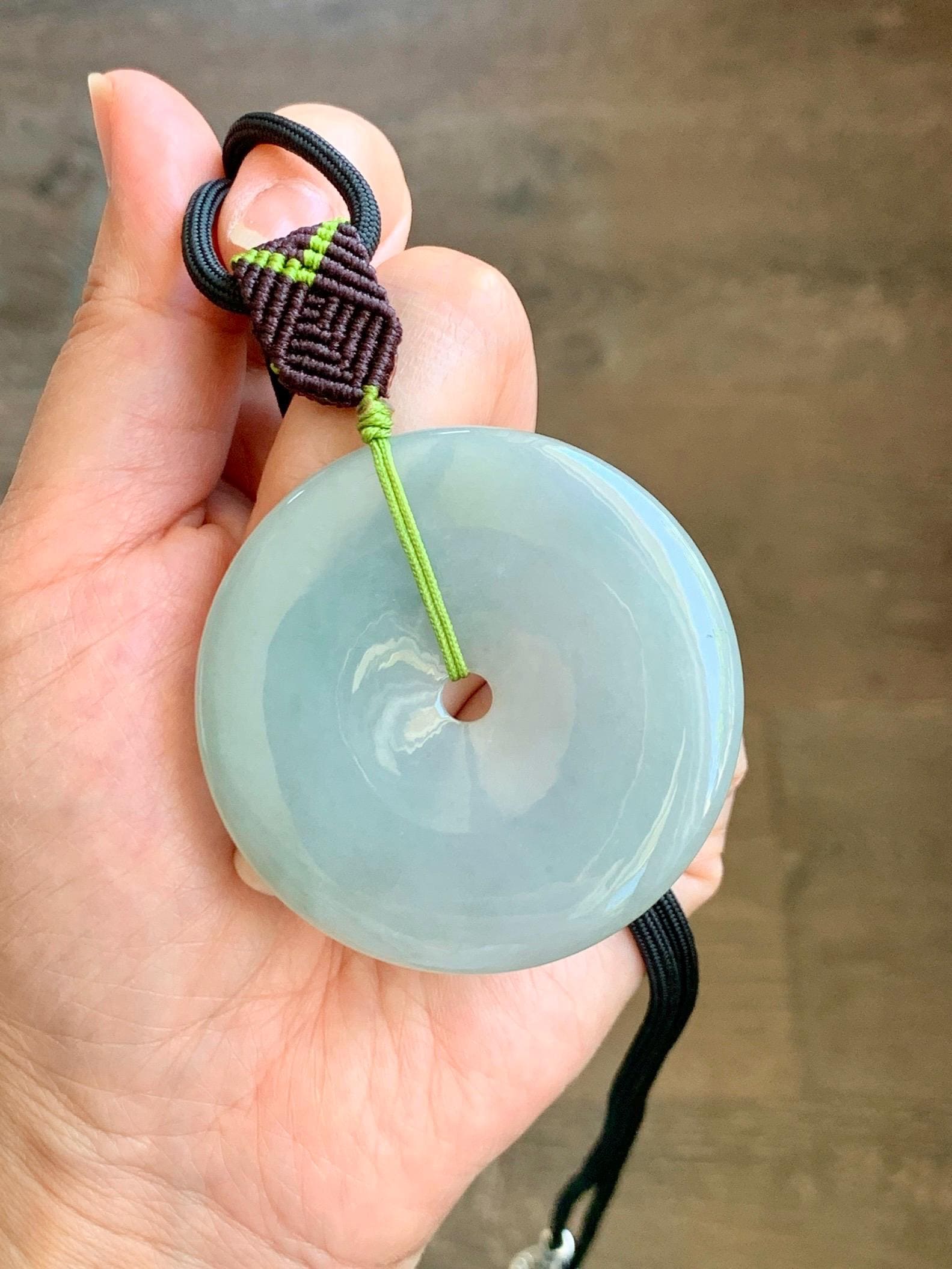 Large Natural Grade A Icy Translucent Pastel Dusty Green Jade Jadeite Ping An Kou Donut Pendant Rope Necklace 25" 49g 天然冰淡晴绿翡翠平安扣吊坠 MDL143