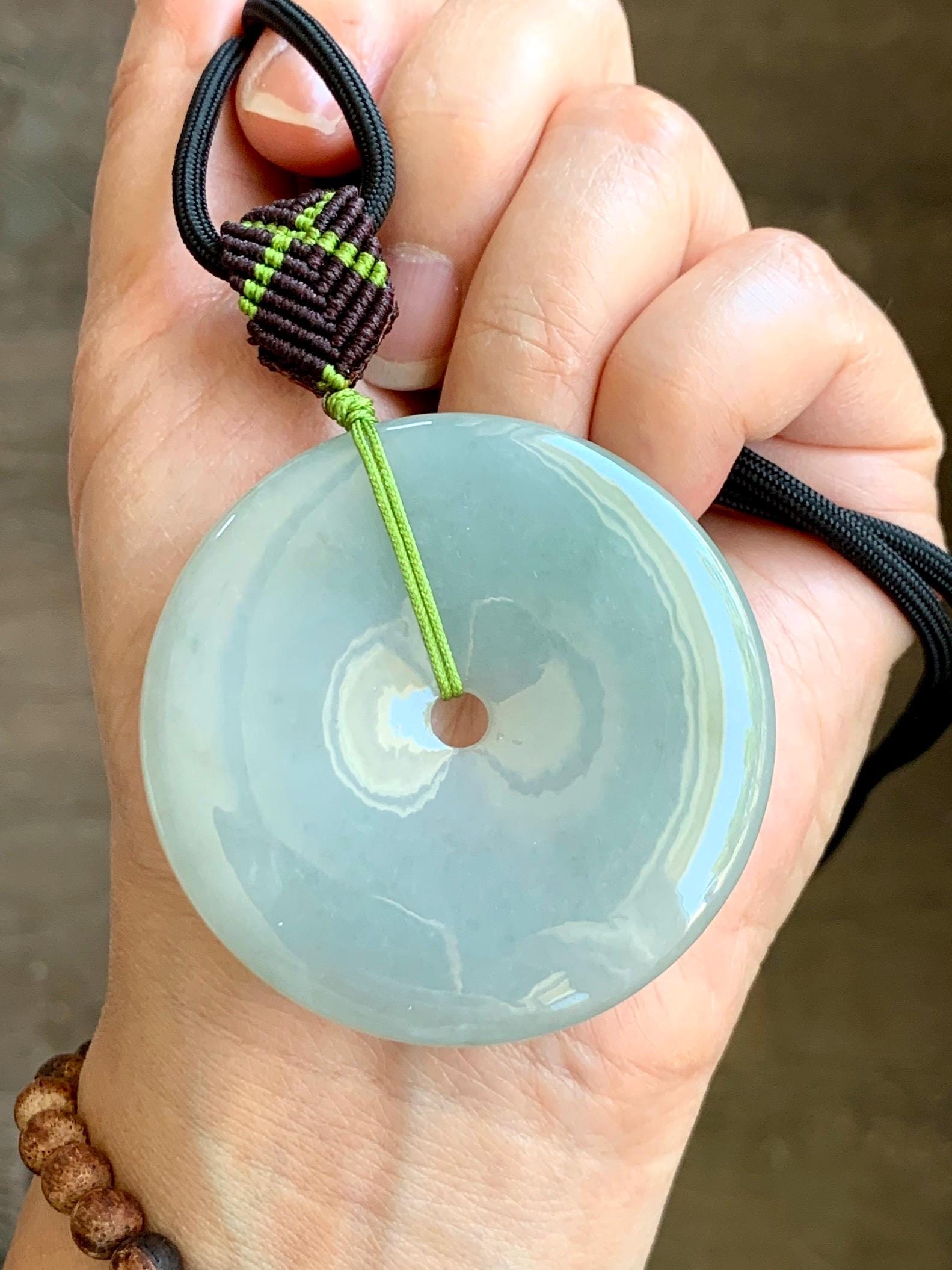 Large Natural Grade A Icy Translucent Pastel Dusty Green Jade Jadeite Ping An Kou Donut Pendant Rope Necklace 25" 49g 天然冰淡晴绿翡翠平安扣吊坠 MDL143