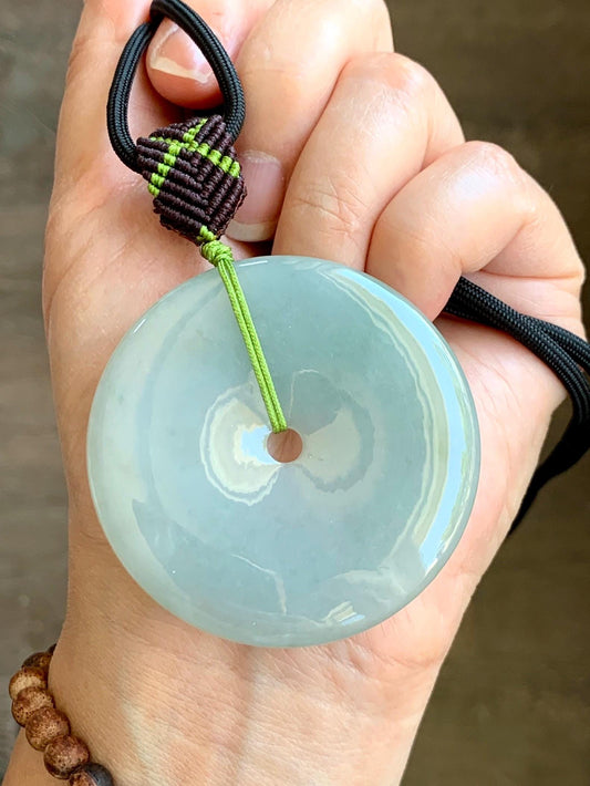 Large Natural Grade A Icy Translucent Pastel Dusty Green Jade Jadeite Ping An Kou Donut Pendant Rope Necklace 25" 49g 天然冰淡晴绿翡翠平安扣吊坠 MDL143