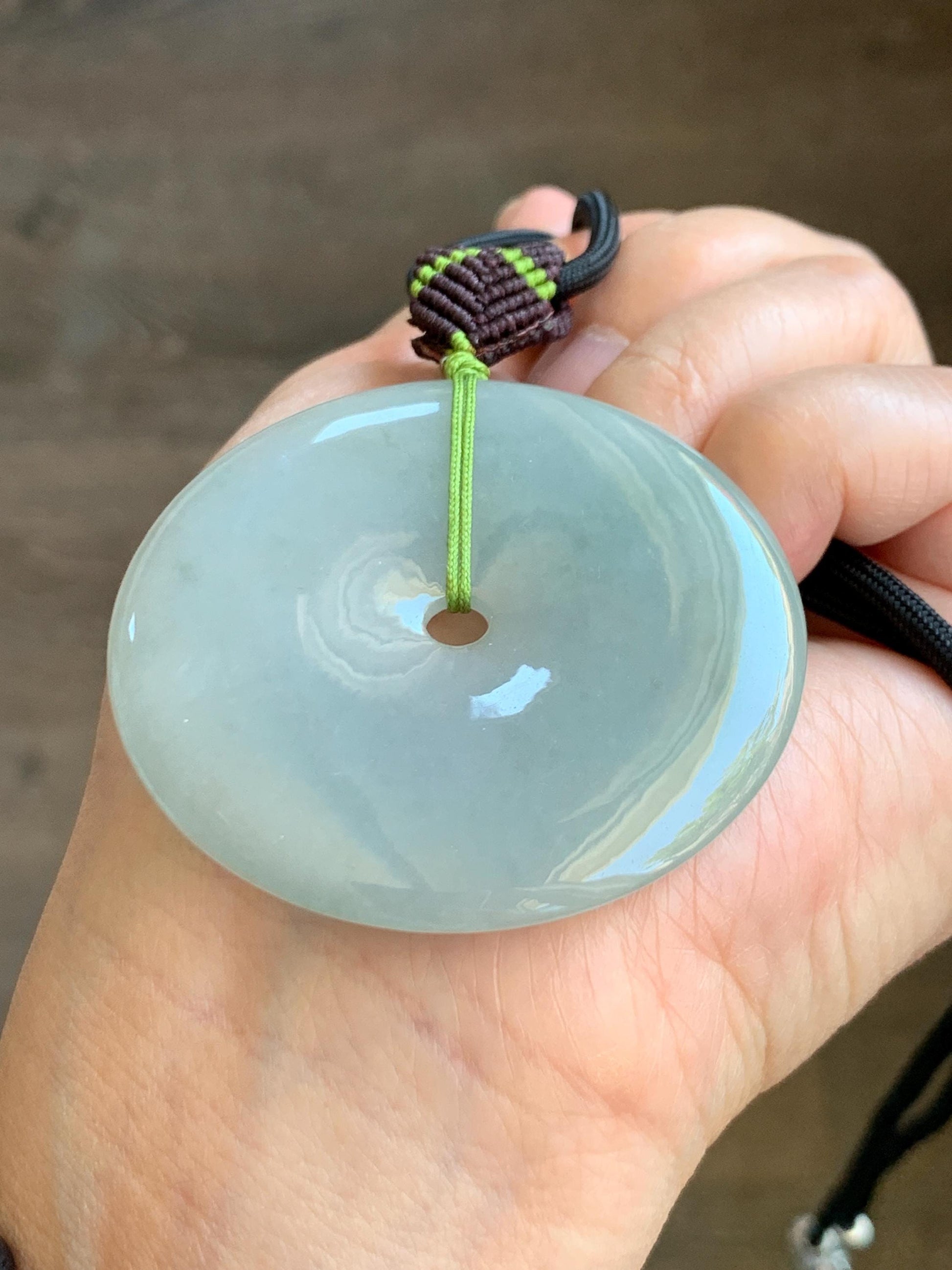 Large Natural Grade A Icy Translucent Pastel Dusty Green Jade Jadeite Ping An Kou Donut Pendant Rope Necklace 25" 49g 天然冰淡晴绿翡翠平安扣吊坠 MDL143