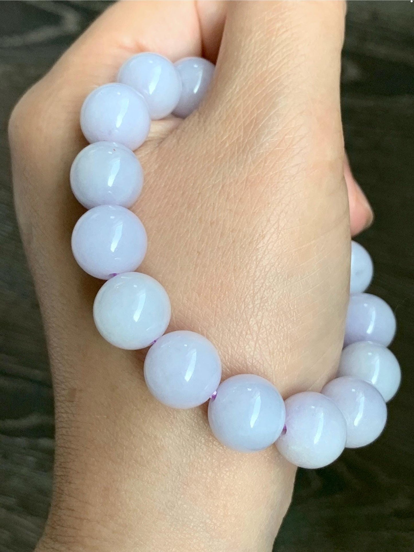 Certified Natural Grade A Icy Translucent Pastel Lavender Jade Jadeite Large Beads Beaded Bracelet 12mm 7” 47.5g 天然冰淡紫底翡翠大卡圆珠手串 1495