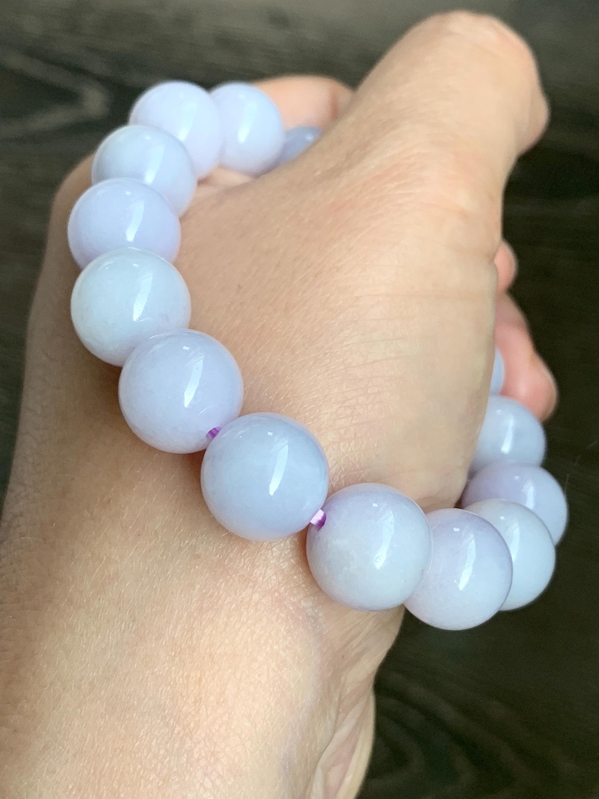 Certified Natural Grade A Icy Translucent Pastel Lavender Jade Jadeite Large Beads Beaded Bracelet 12mm 7” 47.5g 天然冰淡紫底翡翠大卡圆珠手串 1495