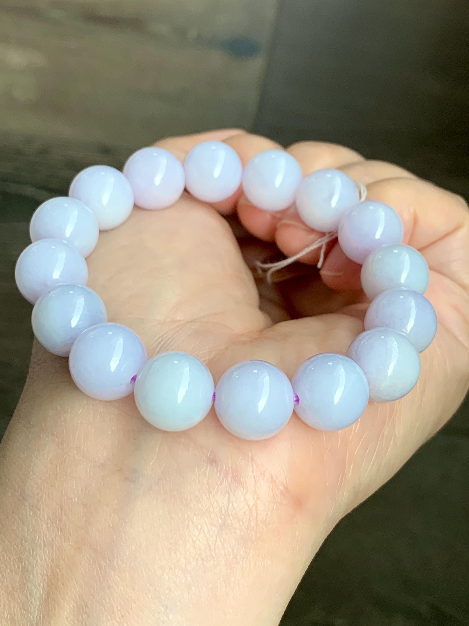 Certified Natural Grade A Icy Translucent Pastel Lavender Jade Jadeite Large Beads Beaded Bracelet 12mm 7” 47.5g 天然冰淡紫底翡翠大卡圆珠手串 1495