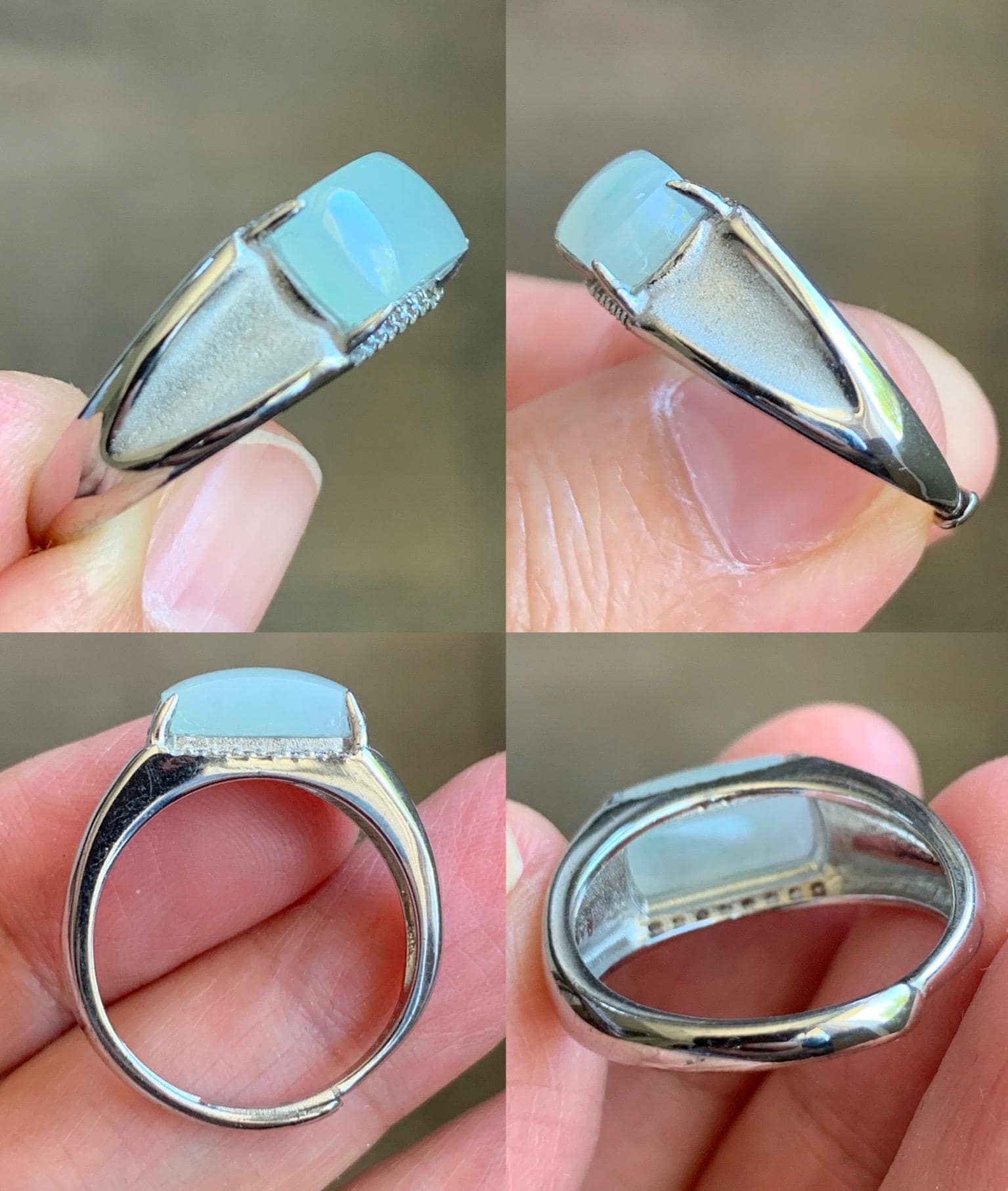 Natural Grade A Icy Translucent Gelatinous Pastel Green Jadeite Saddle Cabochon Ring Sterling Silver Size 8 Adjustable 天然冰胶晴底翡翠马鞍银镶戒指 TMQ107