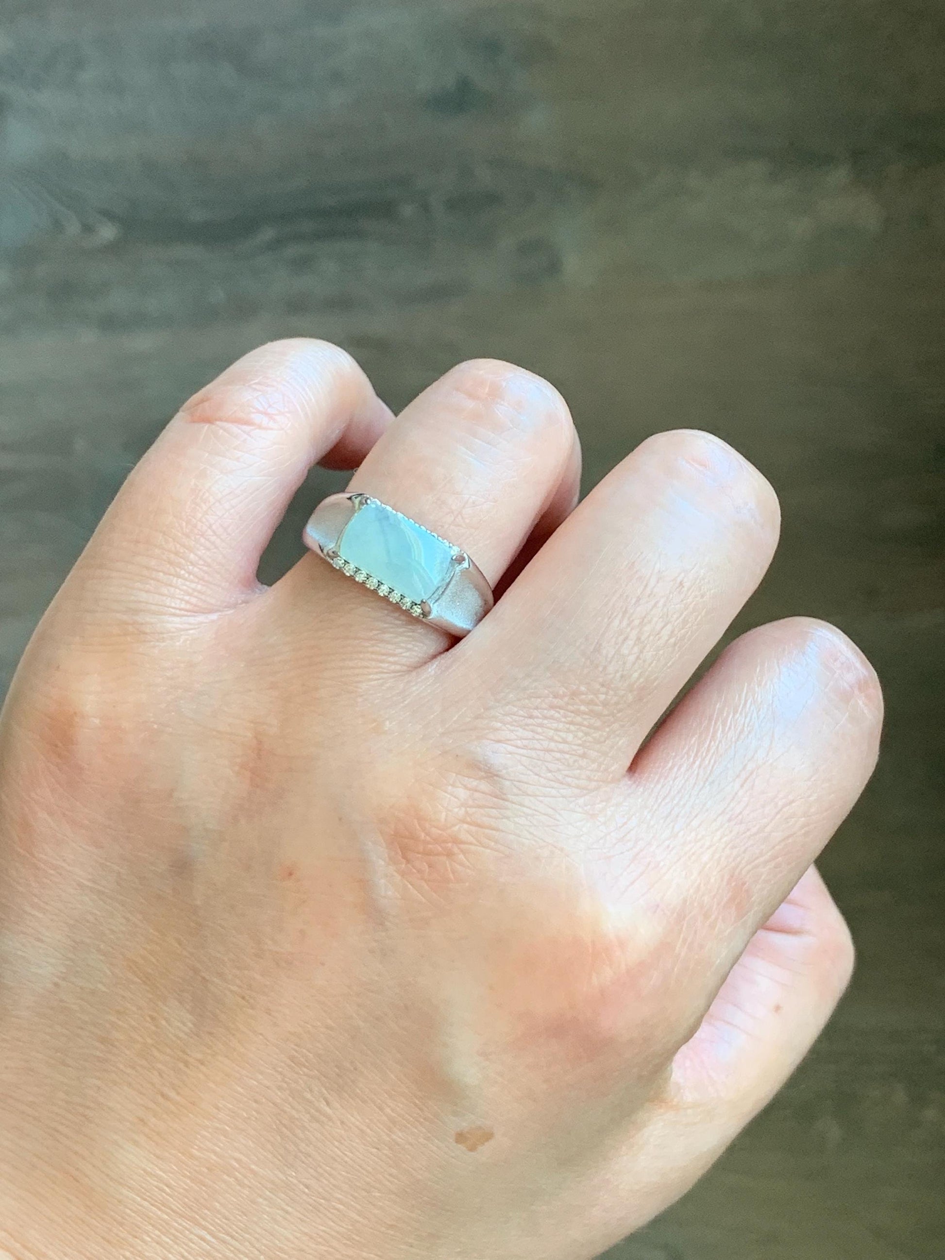 Natural Grade A Icy Translucent Gelatinous Pastel Green Jadeite Saddle Cabochon Ring Sterling Silver Size 8 Adjustable 天然冰胶晴底翡翠马鞍银镶戒指 TMQ107