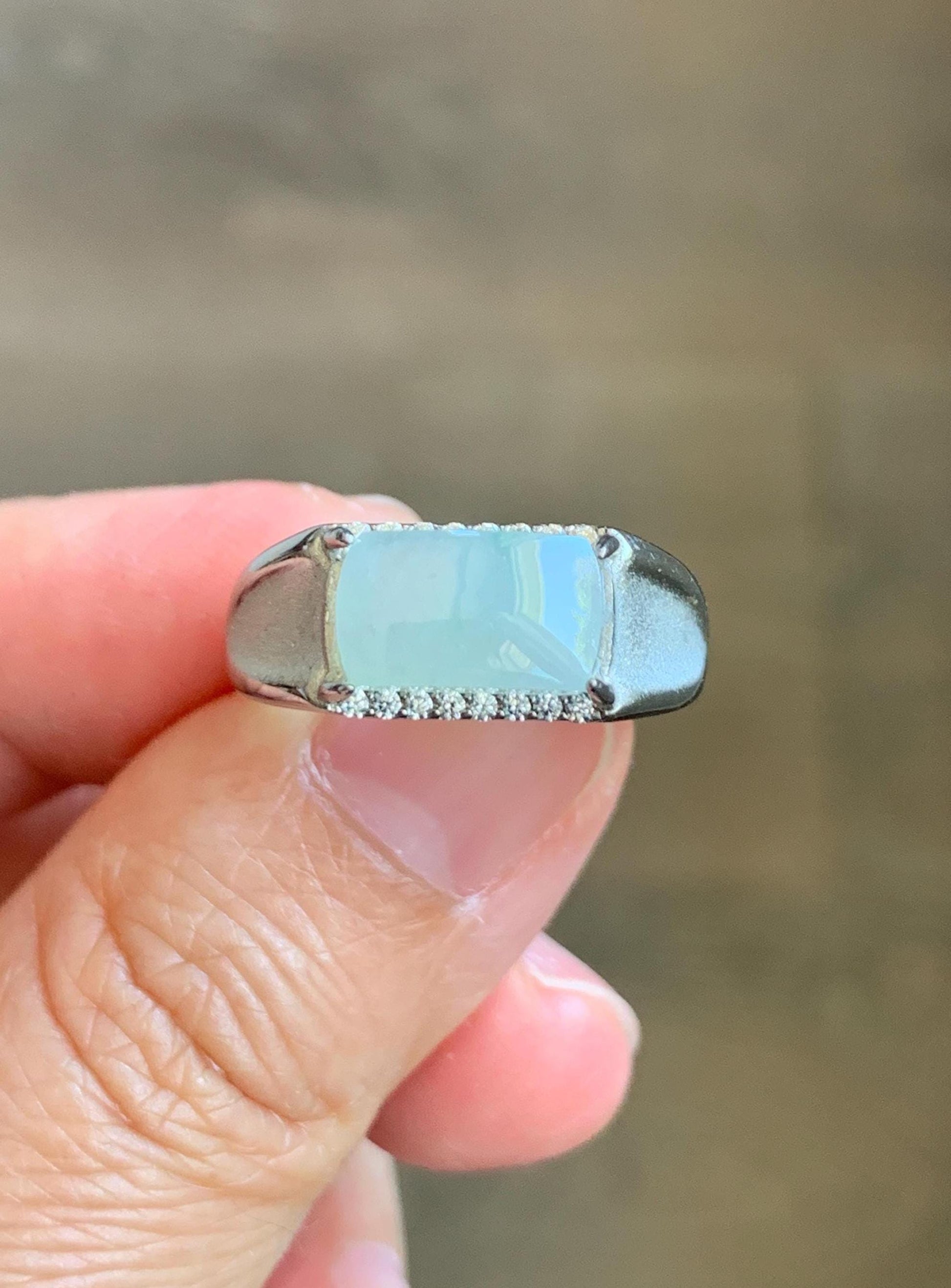 Natural Grade A Icy Translucent Gelatinous Pastel Green Jadeite Saddle Cabochon Ring Sterling Silver Size 8 Adjustable 天然冰胶晴底翡翠马鞍银镶戒指 TMQ107